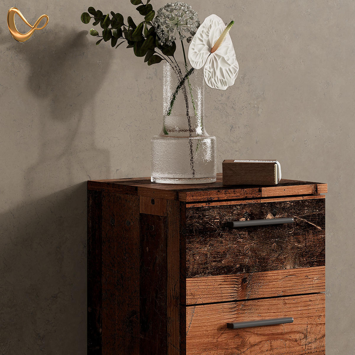 BADMÖBEL-SET Eisak Eiche rustikal 3 Teile, mit Midischrank - Wildeiche, Holzwerkstoff (60/60/33cm) - Livinity®