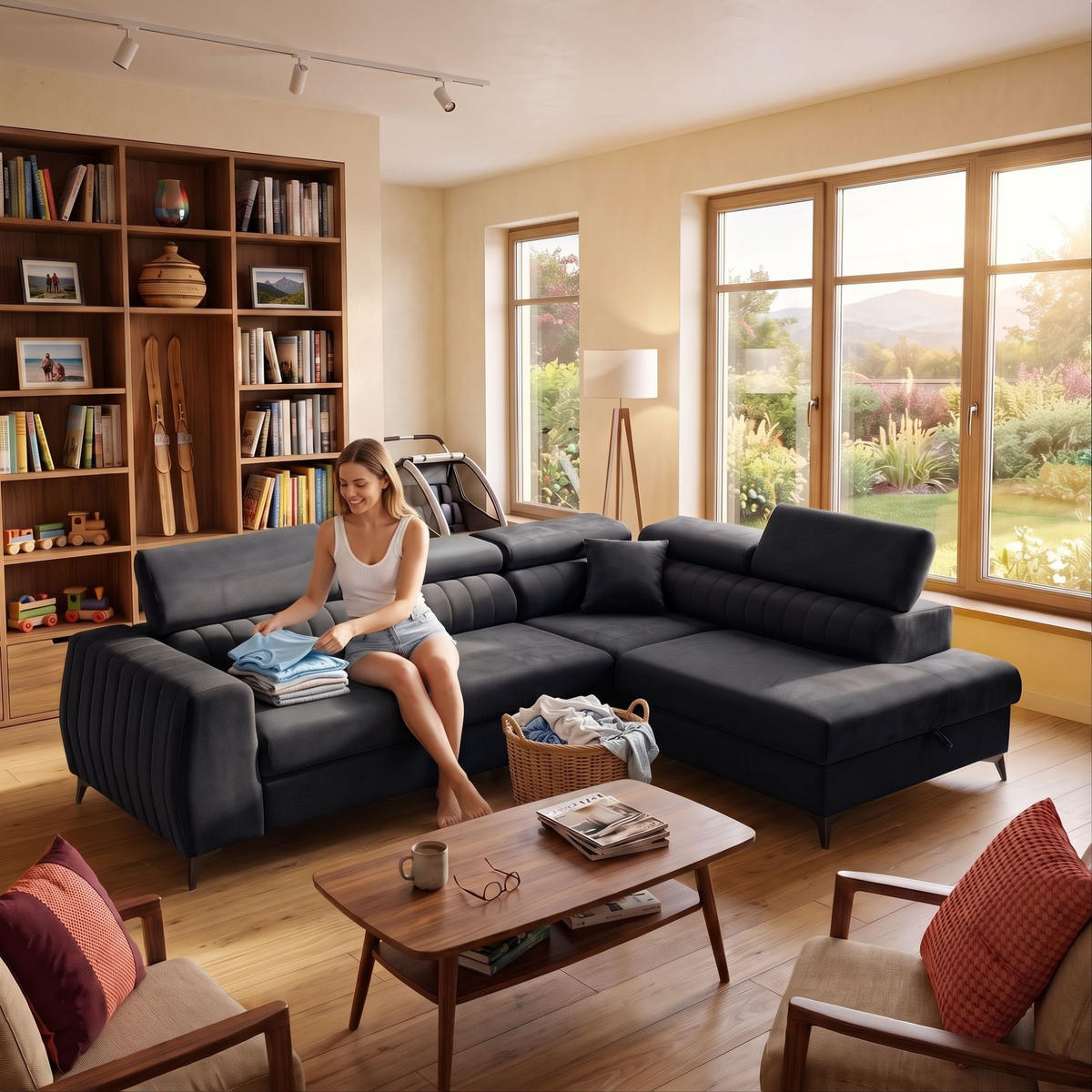 ECKSOFA PIERO L Rechts mit Schlaffunktion 195x125 Velours Dunkelgrau - Dunkelgrau/Schwarz, Holz/Textil (203/268cm) - Muffo