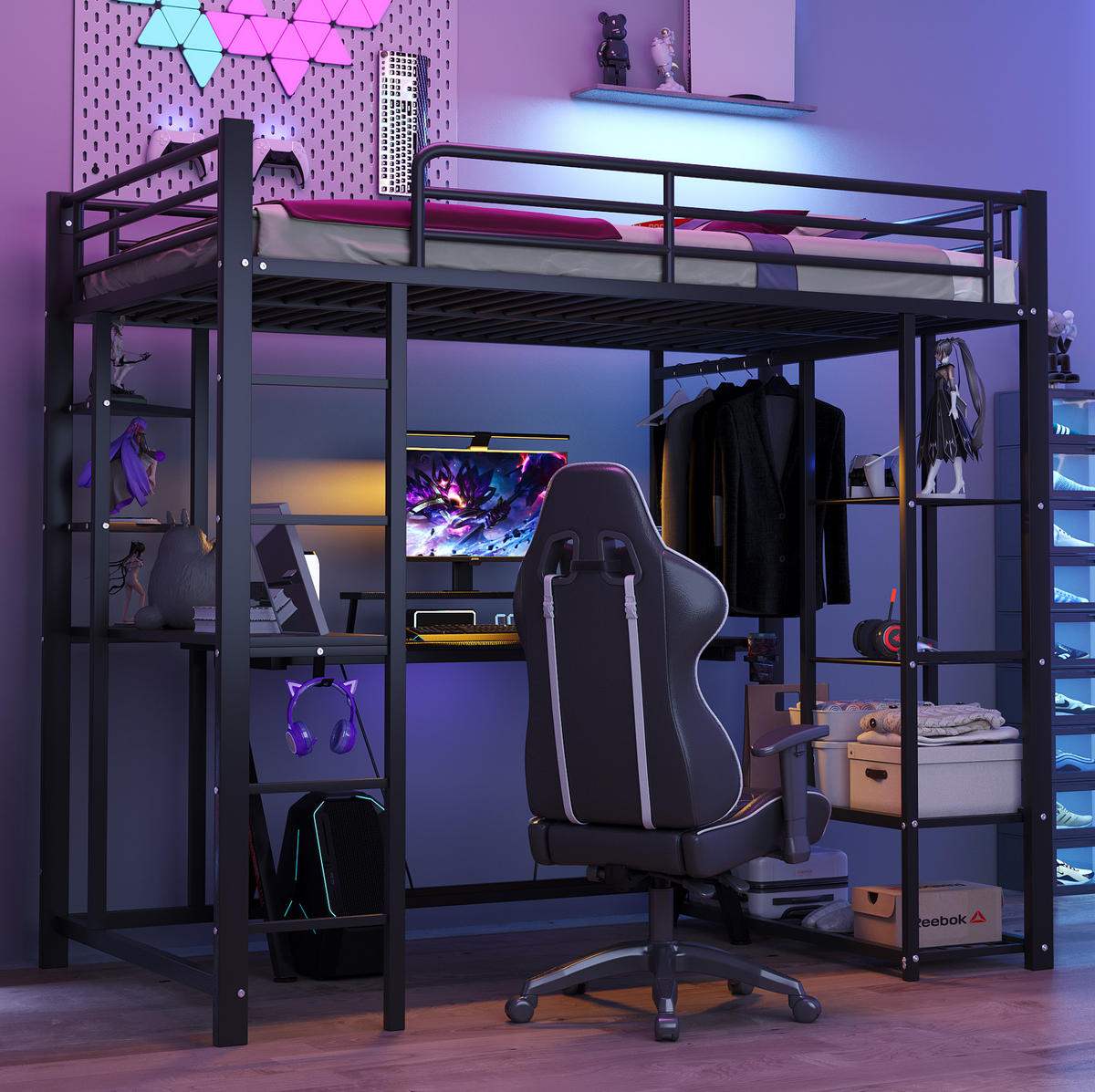 HOCHBETT 90/200 cm Schwarz aus MDF und Metall mit Schreibtisch - Schwarz, Metall (90/200cm) - OKMYHOME