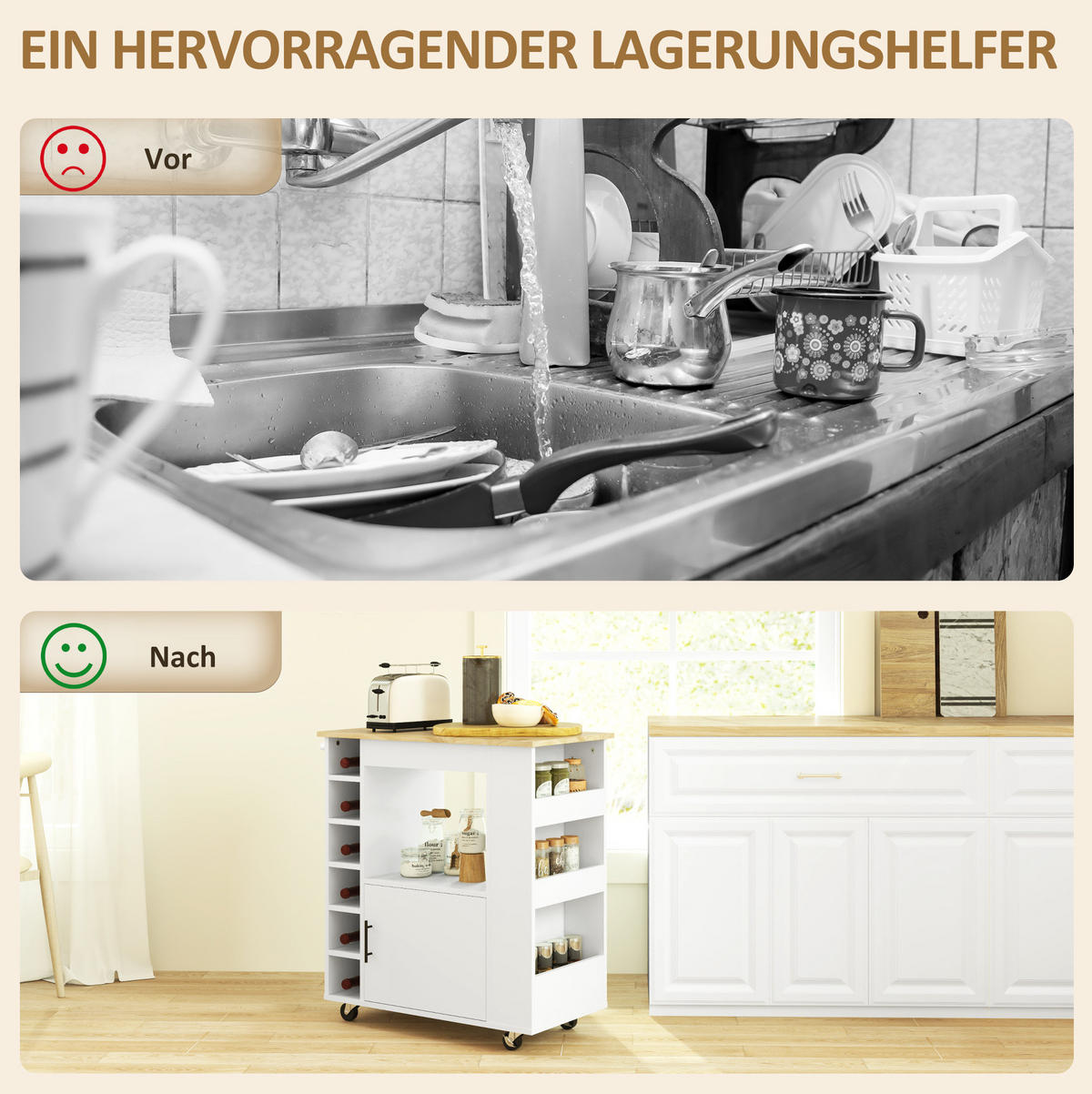 KÜCHENWAGEN 83/40/83 cm in Eiche mit Weinregalen und Rollen - Weiß, Holzwerkstoff (83/83/40cm) - Flora Grace