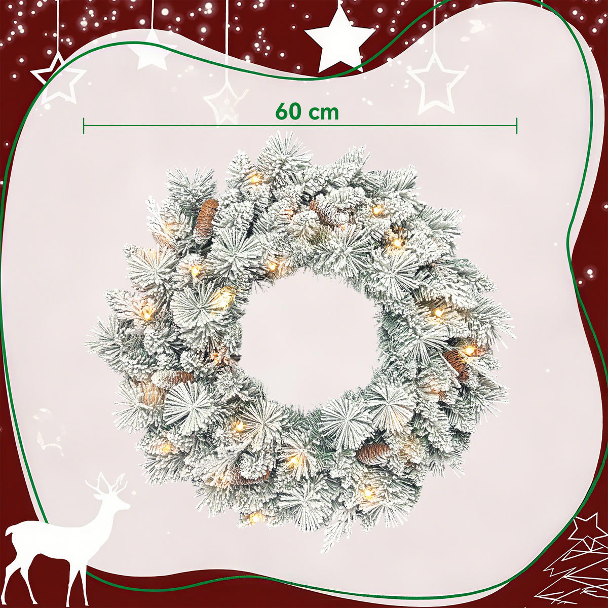 TANNENKRANZ Weihnachtskranz mit LED-Lichterkette, Tannenzapfen, Türkranz - Weiß, Kunststoff (60/8/60cm) - HOMCOM