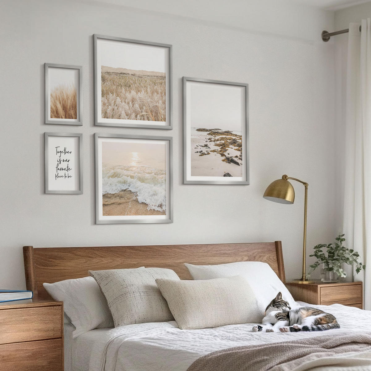BILDER SET 5er Set - 50x50 cm & 20x30 cm & 40x60 cm Silberner Rahmen - Wiesen, Strand, Boho-Stil - Silberfarben, Kunststoff (40/60cm) - TULUP