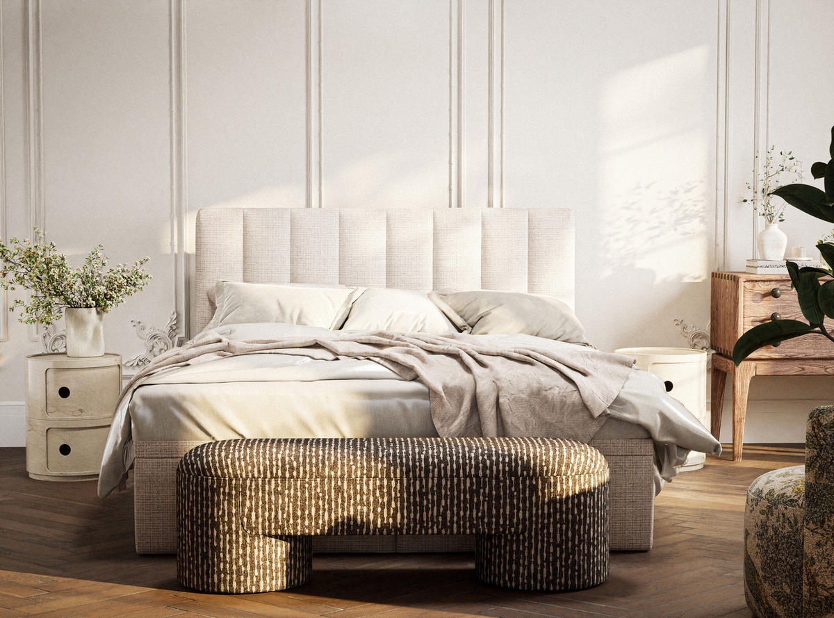 BOXBETT 180/200 cm Lovage M, in Creme, Matratze, gepolstertes Kopfteil, Bettkasten, H3 = fest - Creme/Schwarz, Holz/Holzwerkstoff (180/200cm) - Maison de Reve
