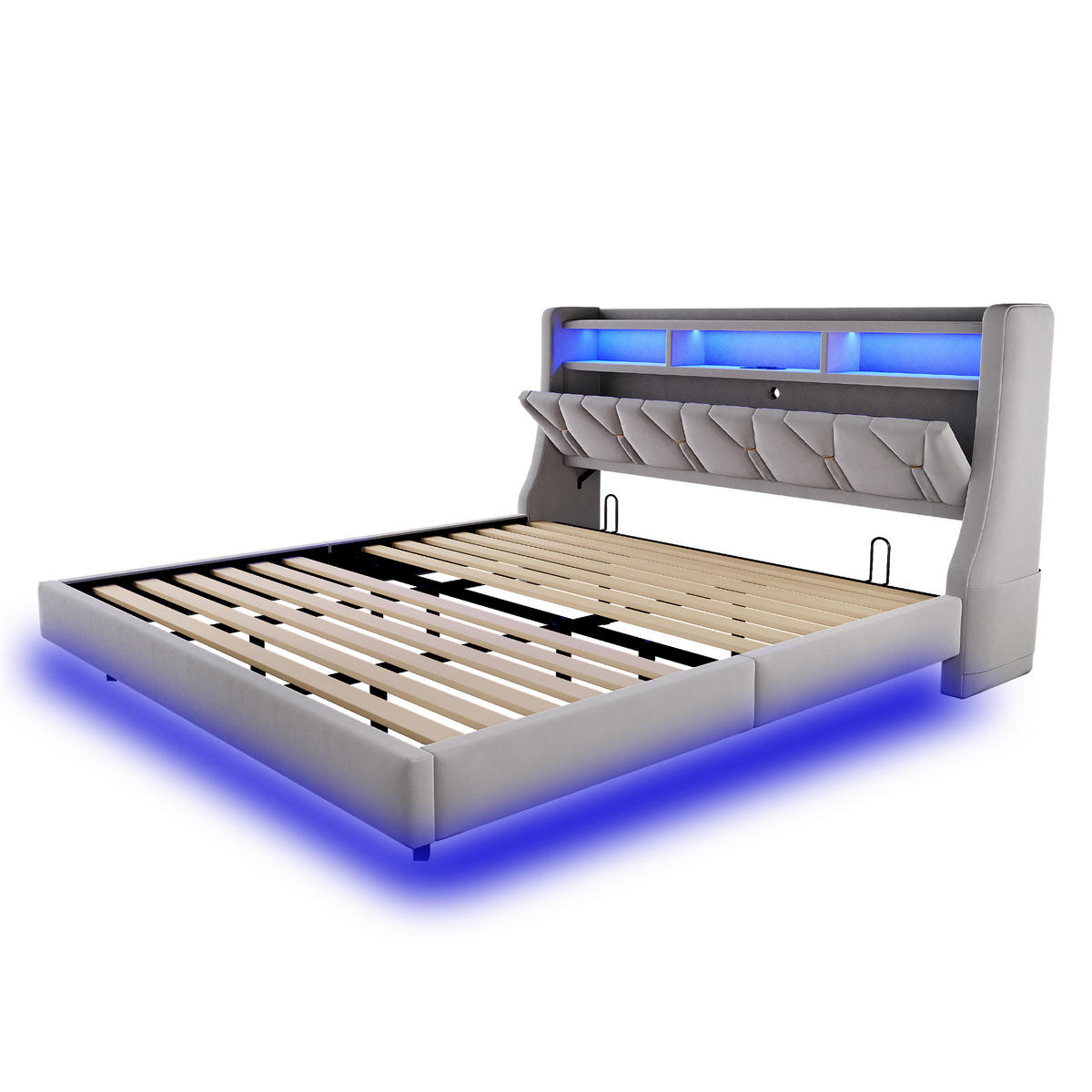 POLSTERBETT 180/200 cm DE-01666, in Hellgrau, mit Klappkopfteil, Steckdose und LED-Beleuchtung - Hellgrau, Holzwerkstoff (180/200cm) - ComfortXL