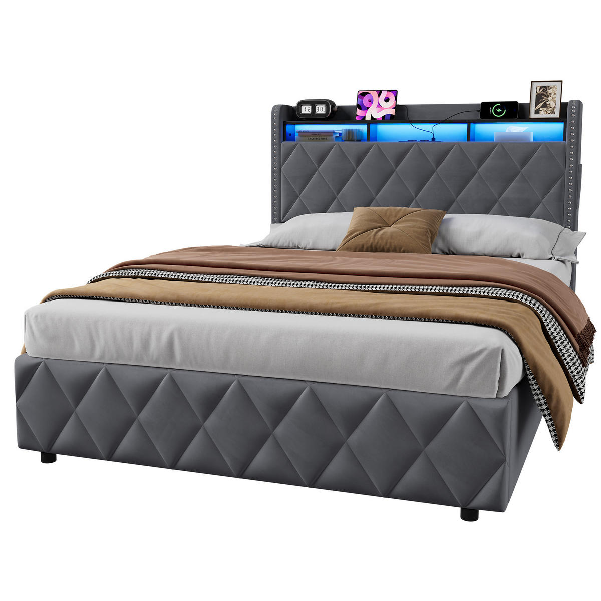 POLSTERBETT 140/200 cm in Dunkelgrau Samt mit hydraulischem Bettkasten, LED und USB - Grau, Holzwerkstoff/Textil (140/200cm) - CHICFURN