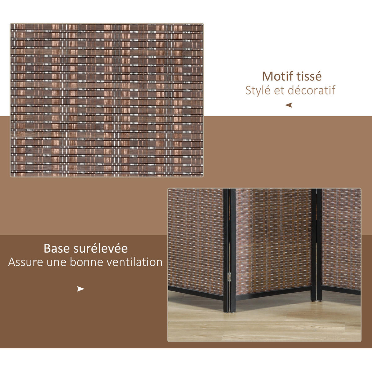PARAVENT DE-14273 4-teilig, klappbar 180x180 cm Braun - Braun, Naturmaterialien (180/180/1.7cm) - ComfortXL