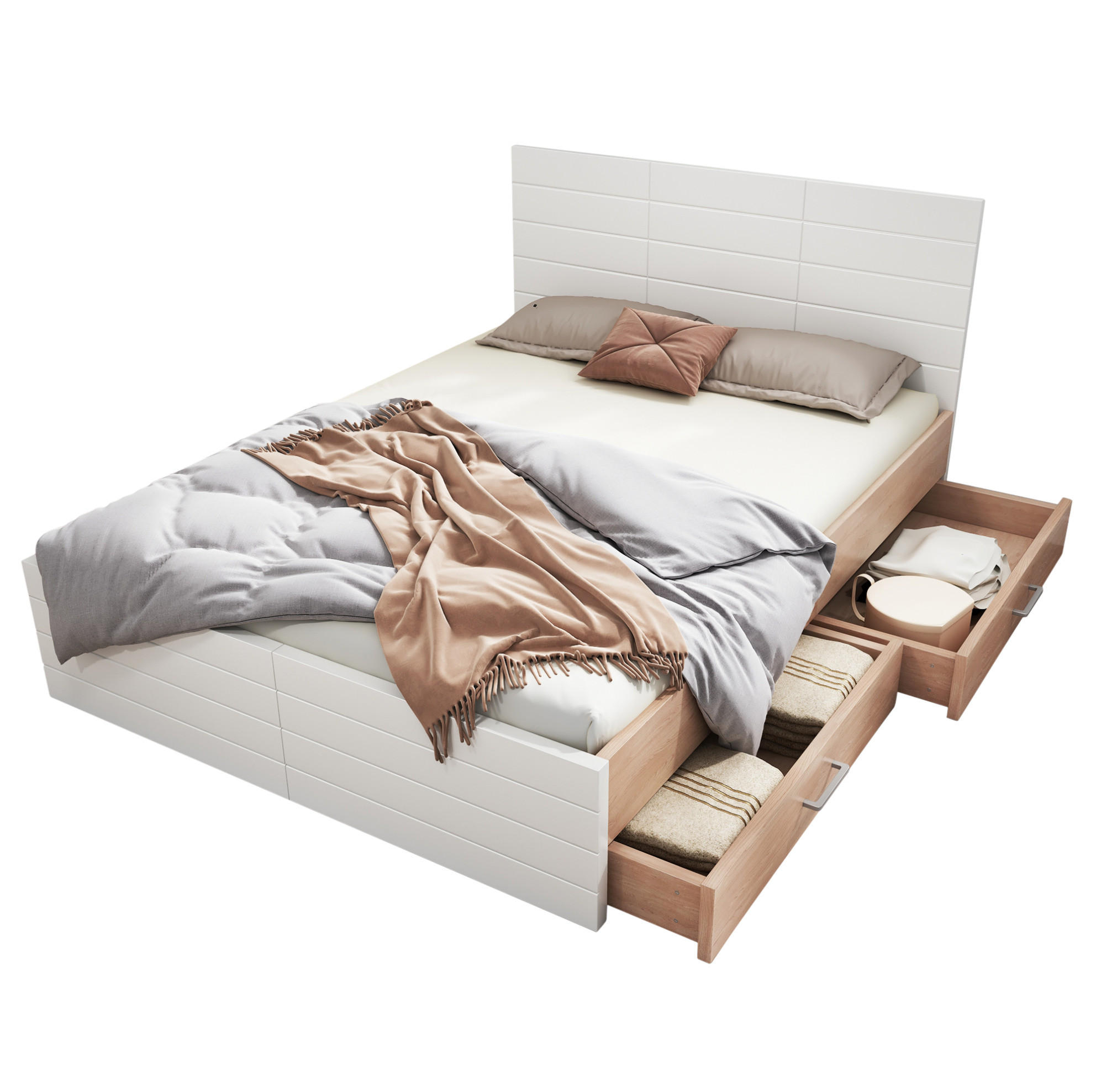 OKWISH DVOULŮŽKO 160/200 cm bílé v dekoru světlý dub z masivu a MDF s 2 zásuvkami