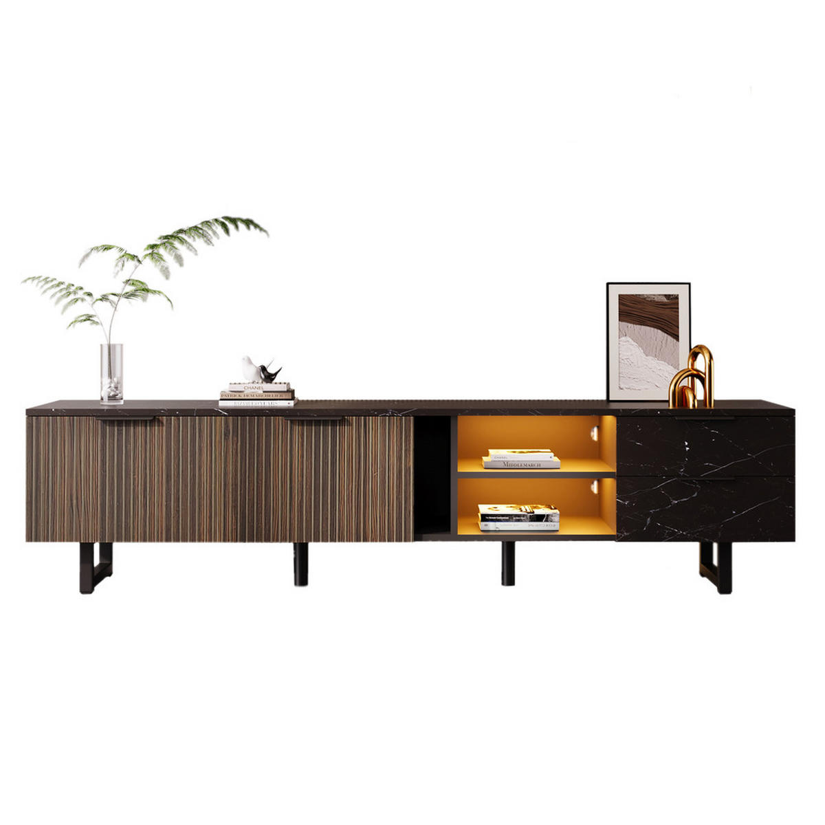 TV-SCHRANK 200cm schwarze Marmoroptik Holzmasertüren LED 2 Türen 2 Schubladen - Schwarz, Holz (38/50/200cm) - FLIEKS