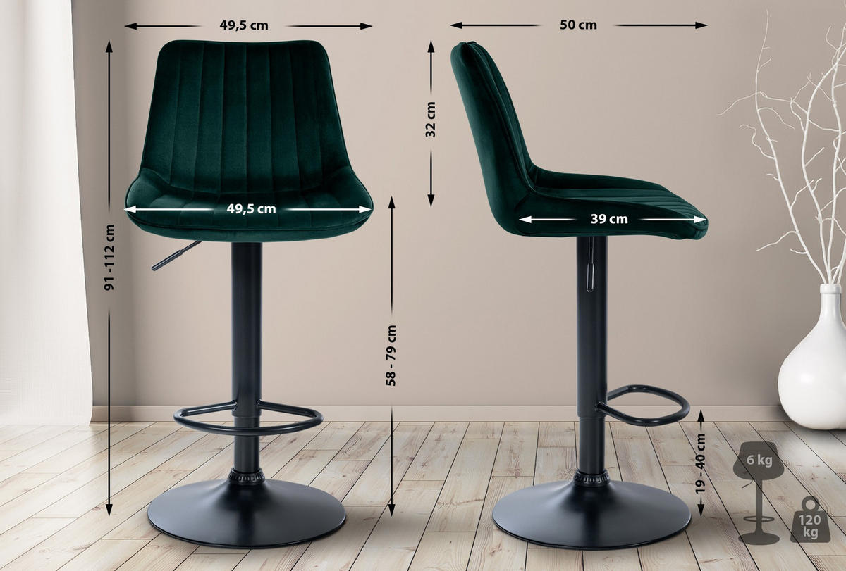 BARHOCKER 2er Set Samt grün - Schwarz/Grün, Textil/Metall (49.5/91/50cm) - CLP