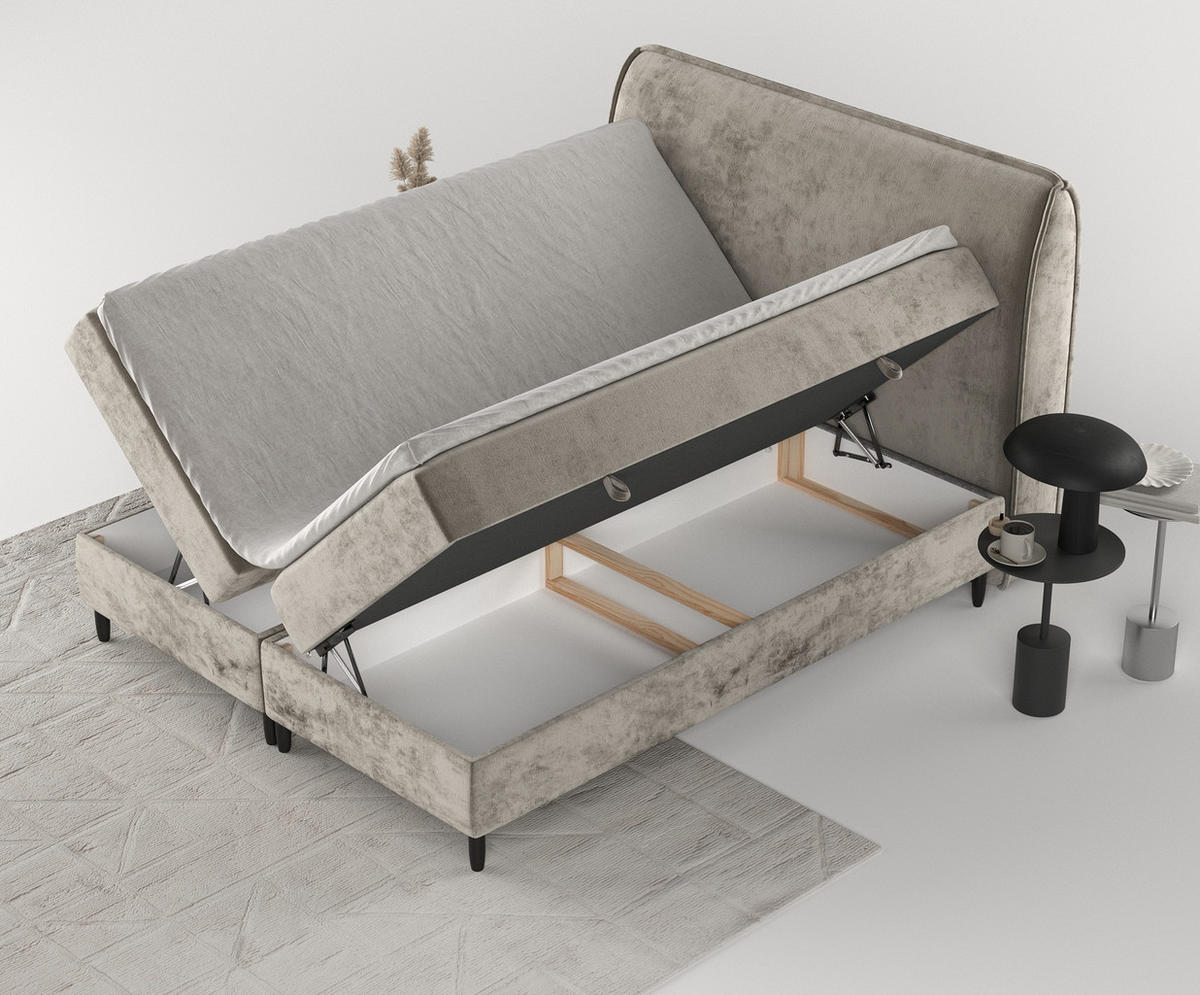 BOXBETT Melba Beige 140/200 cm mit Matratze und Topper - Beige/Schwarz, Holz/Holzwerkstoff (140/200cm) - Maison de Reve