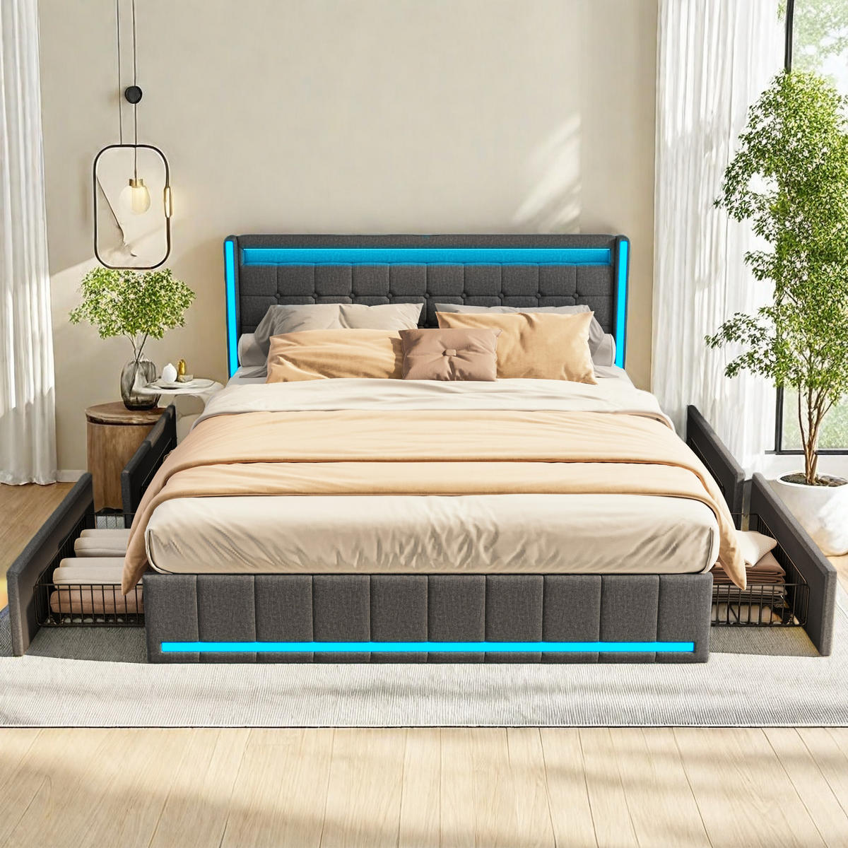 POLSTERBETT mit LED-Beleuchtung, USB-Anschluss und 4 Metallschubladen, dunkelgrau, Leinenmaterial. - Grau, Holz (140/200cm) - WoodenAura