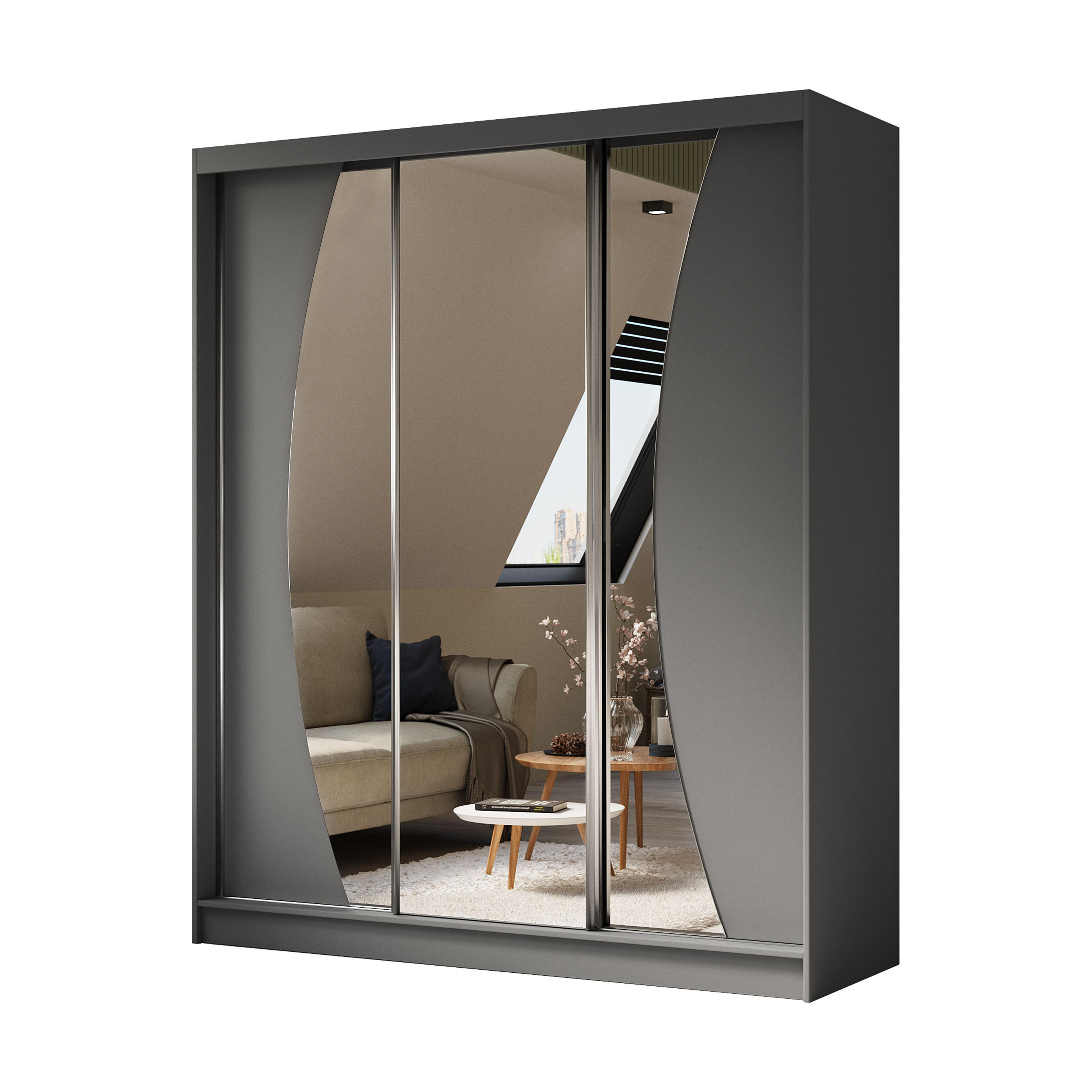 SCHWEBETÜRENSCHRANK VOCE 180/216/61 cm 3-türig mit Spiegel Grau - Grau, Holzwerkstoff (180/216/61cm) - MASSENO