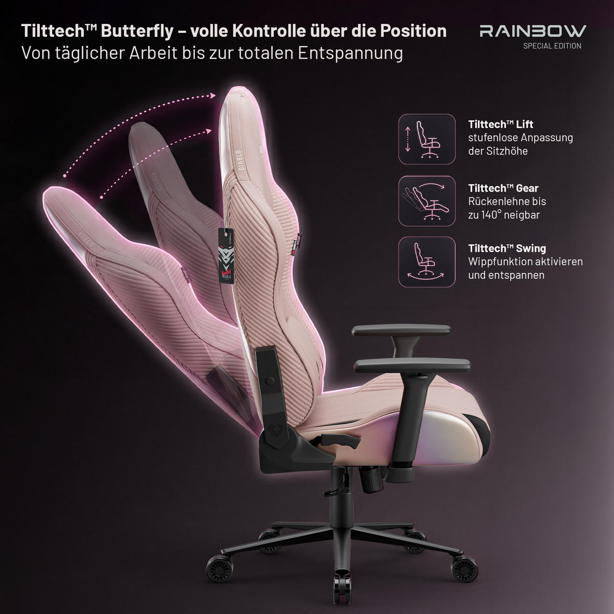 GAMINGSTUHL X-Horn 2.0. - Rosa, Textil (74/122/53cm) - Diablo Chairs