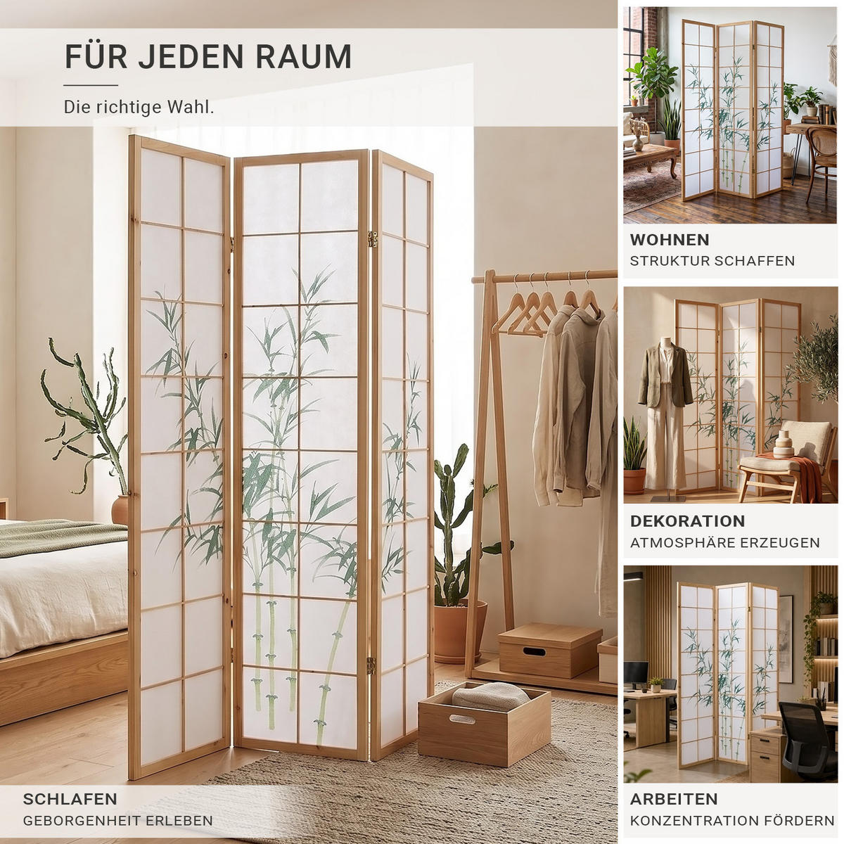 PARAVENT 3-tlg. 132/175 cm Braun Bambusmuster - Braun, Holz (132/175/2cm) - Homestyle4u