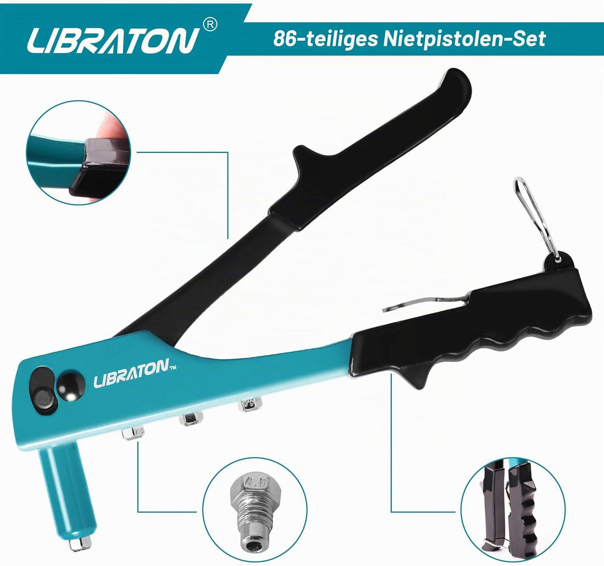 HANDNIETGERÄT-SET 80-teilig, austauschbar für 4 Blindnietarten inkl. HSS-Bohrer, Autoreparatur - Blau, Metall (26.4/11.3/3.7cm) - LIBRATON