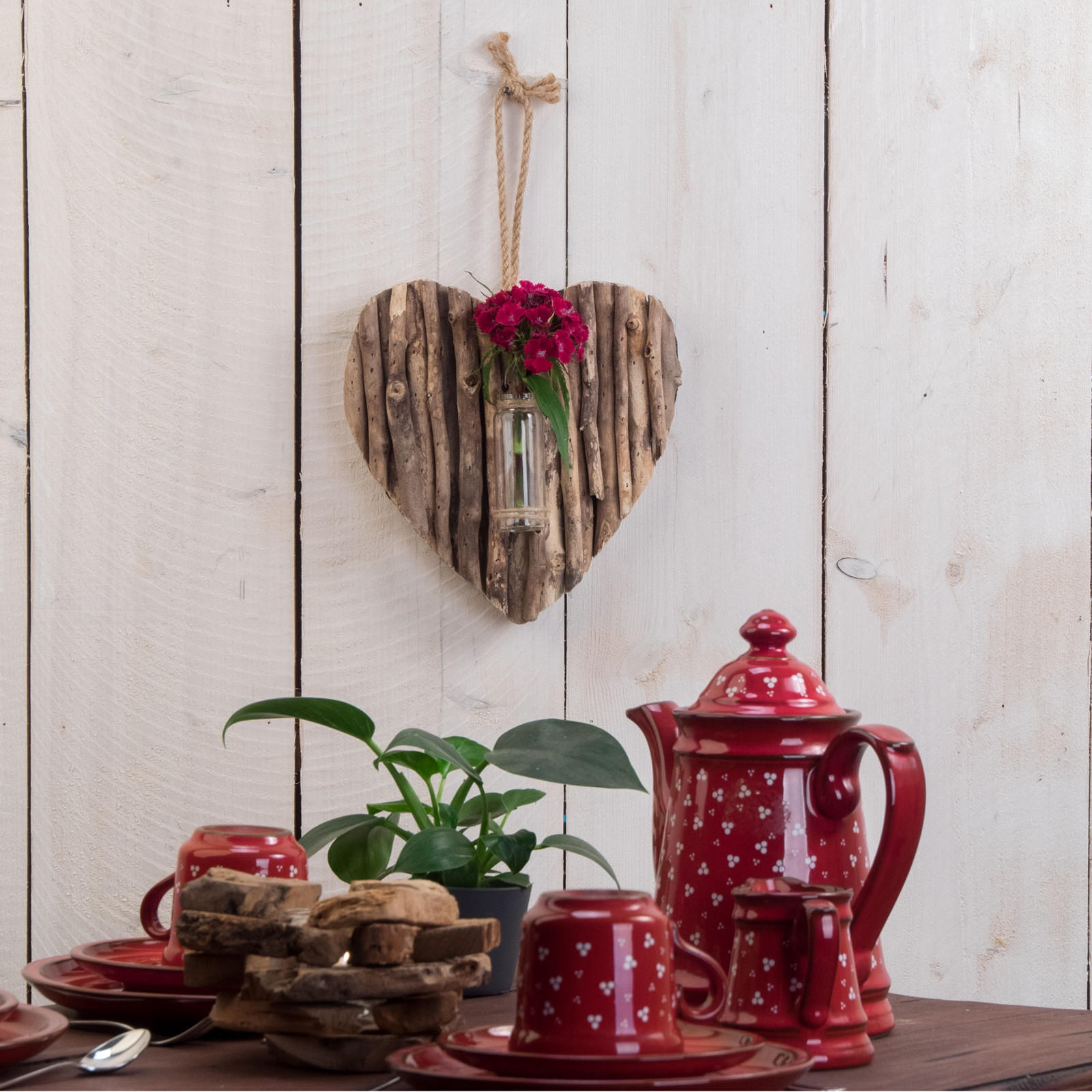 WANDVASE Flor Treibholz, Herzform, mit Reagenzglas naturfarben - Naturfarben, Holz (21/22/3cm) - CREEDWOOD