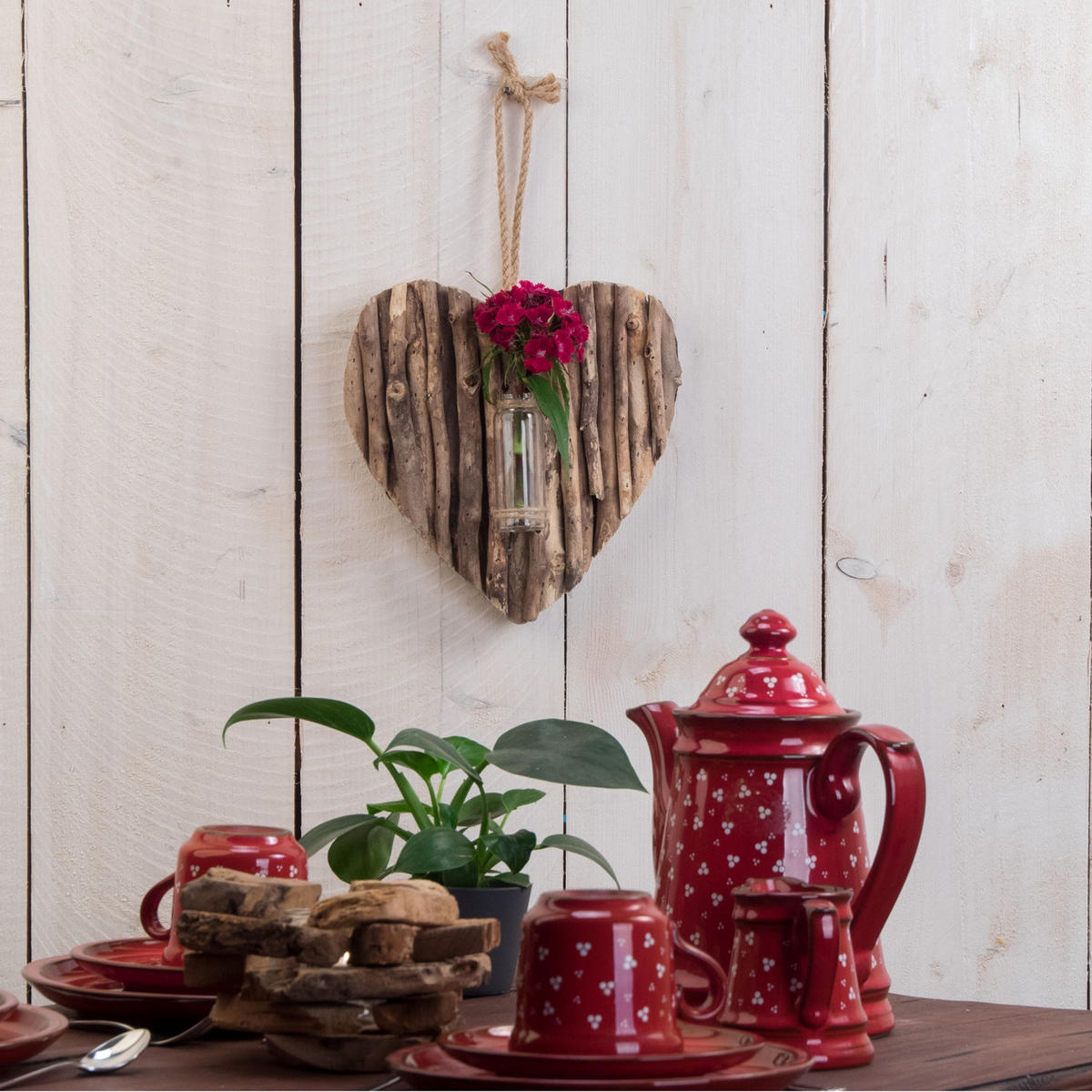 WANDVASE Flor Treibholz, Herzform, mit Reagenzglas naturfarben - Naturfarben, Holz (21/22/3cm) - CREEDWOOD