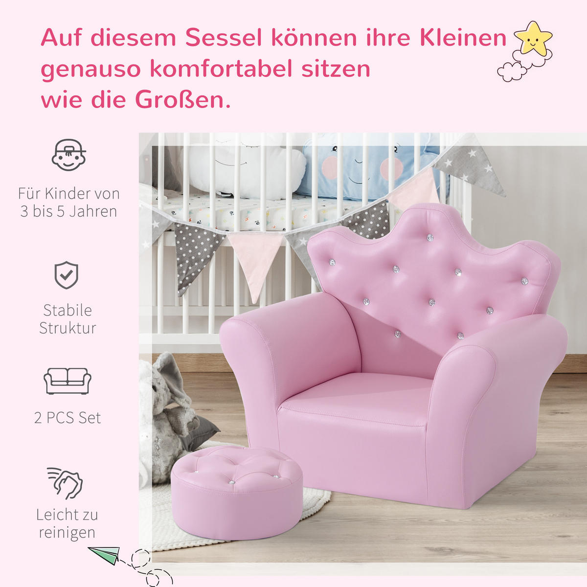 KINDERSESSEL, Rosa, Schwamm + Holz - Rosa, Holz (405/49/58cm) - HOMCOM