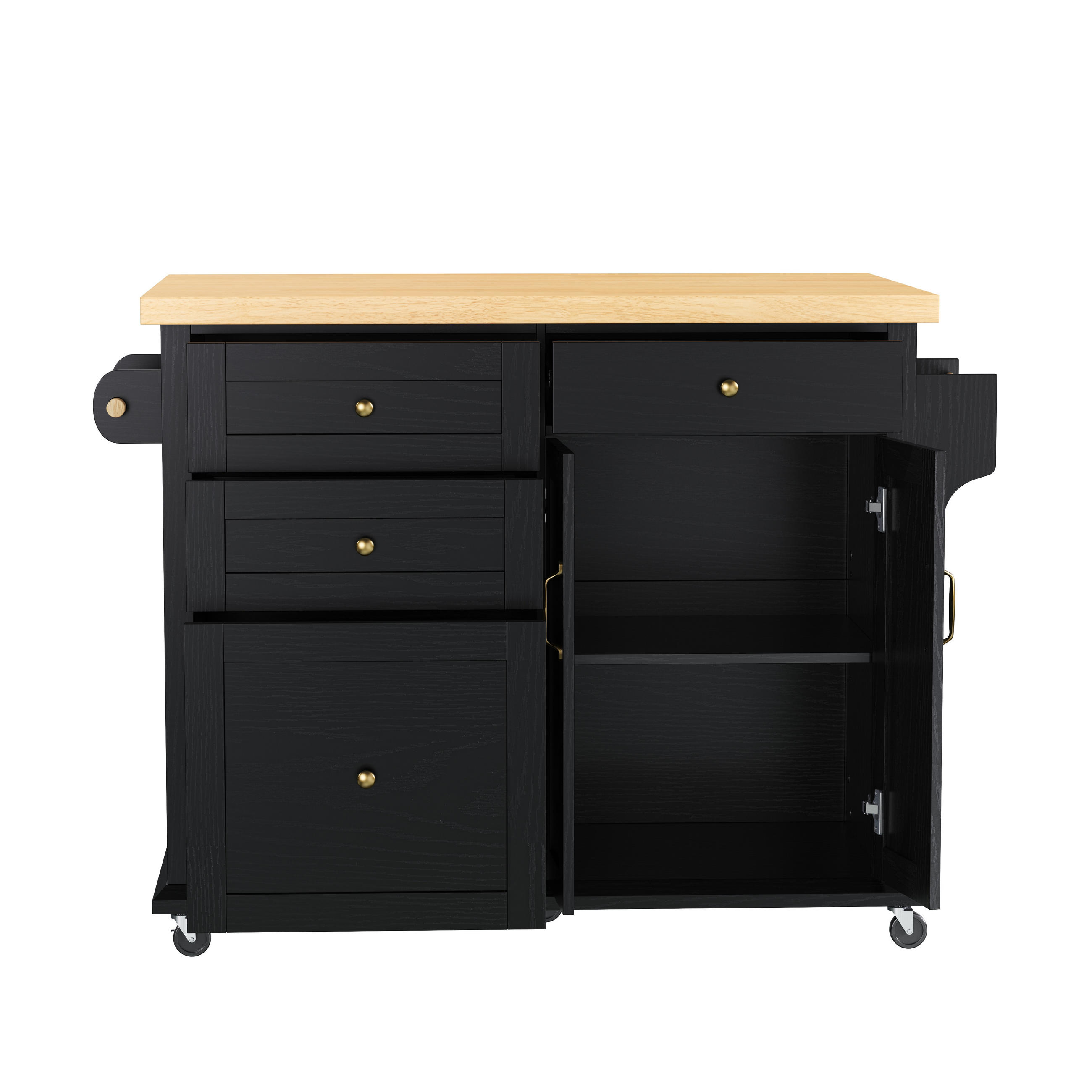 KÜCHENINSEL MIT ROLLEN, ausziehbare Arbeitsplatte, Multifunktions-Schubladen, Schwarz/Holzoptik, Küche, 107/45-70/90,5 cm - Schwarz, Kunststoff (45/90.5/107cm) - Rolipo