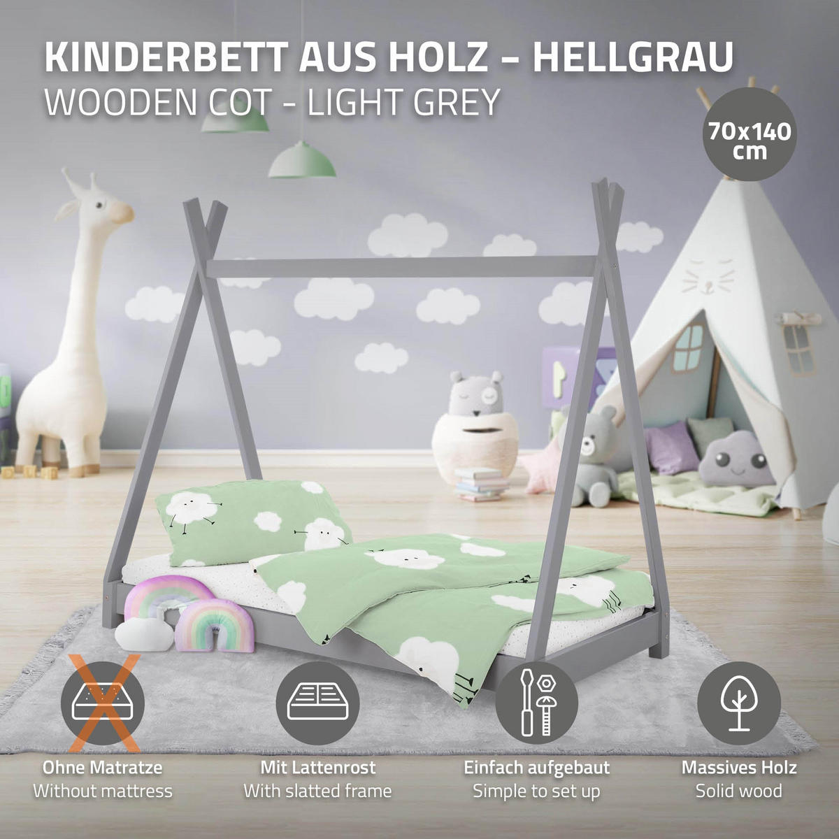 KINDERBETT Tipi 70x140 cm Hellgrau - Hellgrau, Holz (77.5/137/147.5cm) - ML-DESIGN