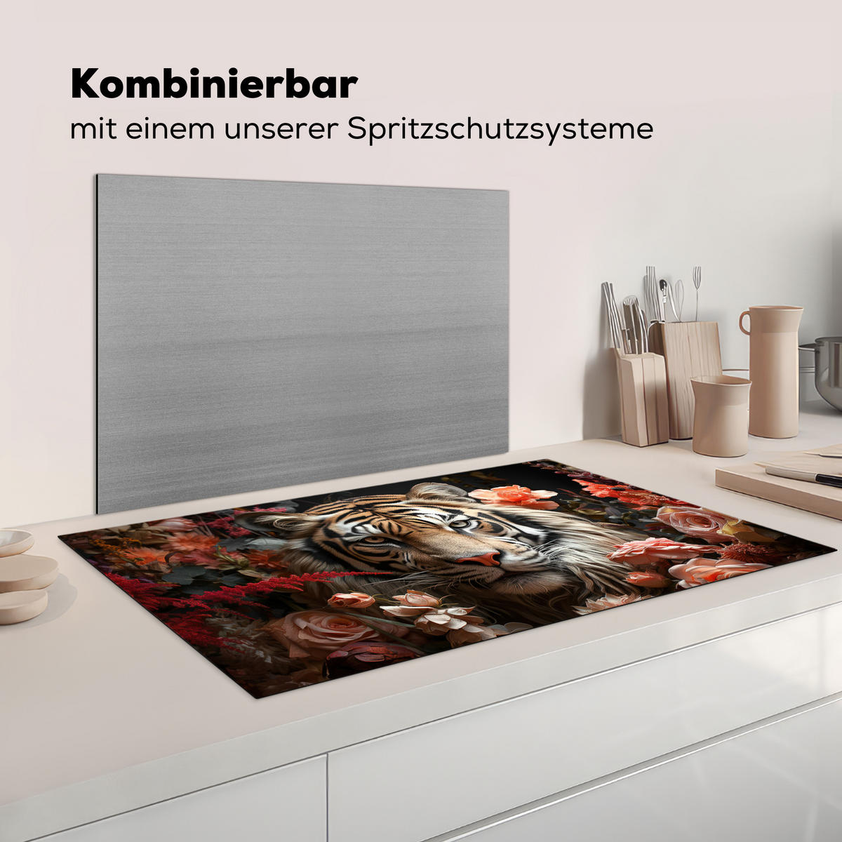 KRYT NA INDUKČNÍ DESKU Tygr - Zvíře - Příroda - Květiny - Botanické motivy 91.2x52 cm - pomerančová, plast (91.2/52/0.2cm) - MuchoWow