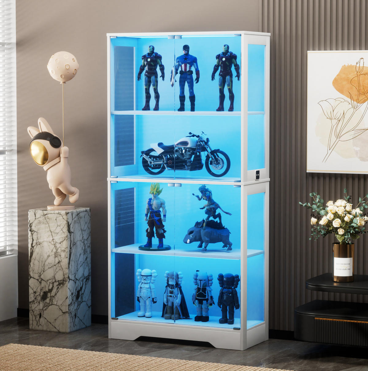 GLASVITRINE aus MDF und Glas 80x35x165 cm Weiß mit LED-Beleuchtung, Sensortechnik und Stauraum - Weiß, Holzwerkstoff (80/165/35cm) - Modfu