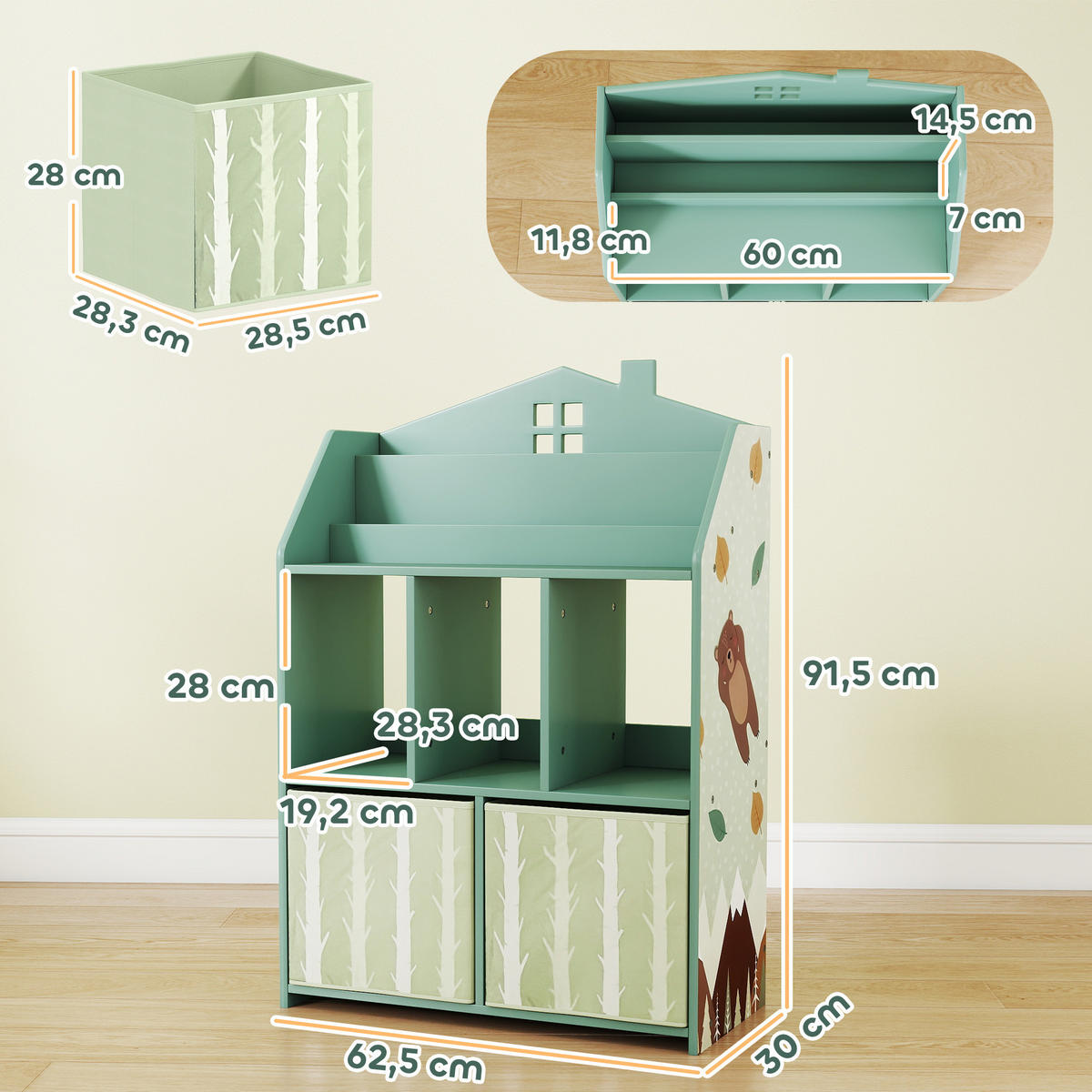 KINDERREGAL Grün mit 2 Stoffschubladen Haus-Design - Grün, Holzwerkstoff (62.5/91.5/30cm) - PANGIVO