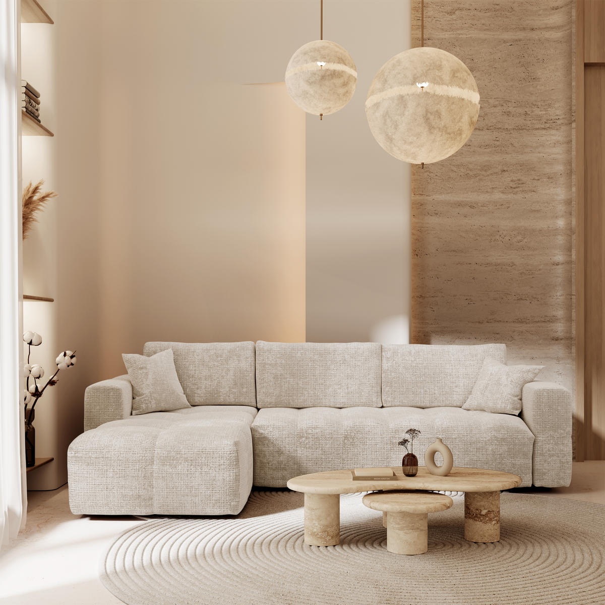 SCHLAFSOFA Express VIBE Geprägter Samt Creme 286cm - Creme, Textil (286/165cm) - Premium Interiors