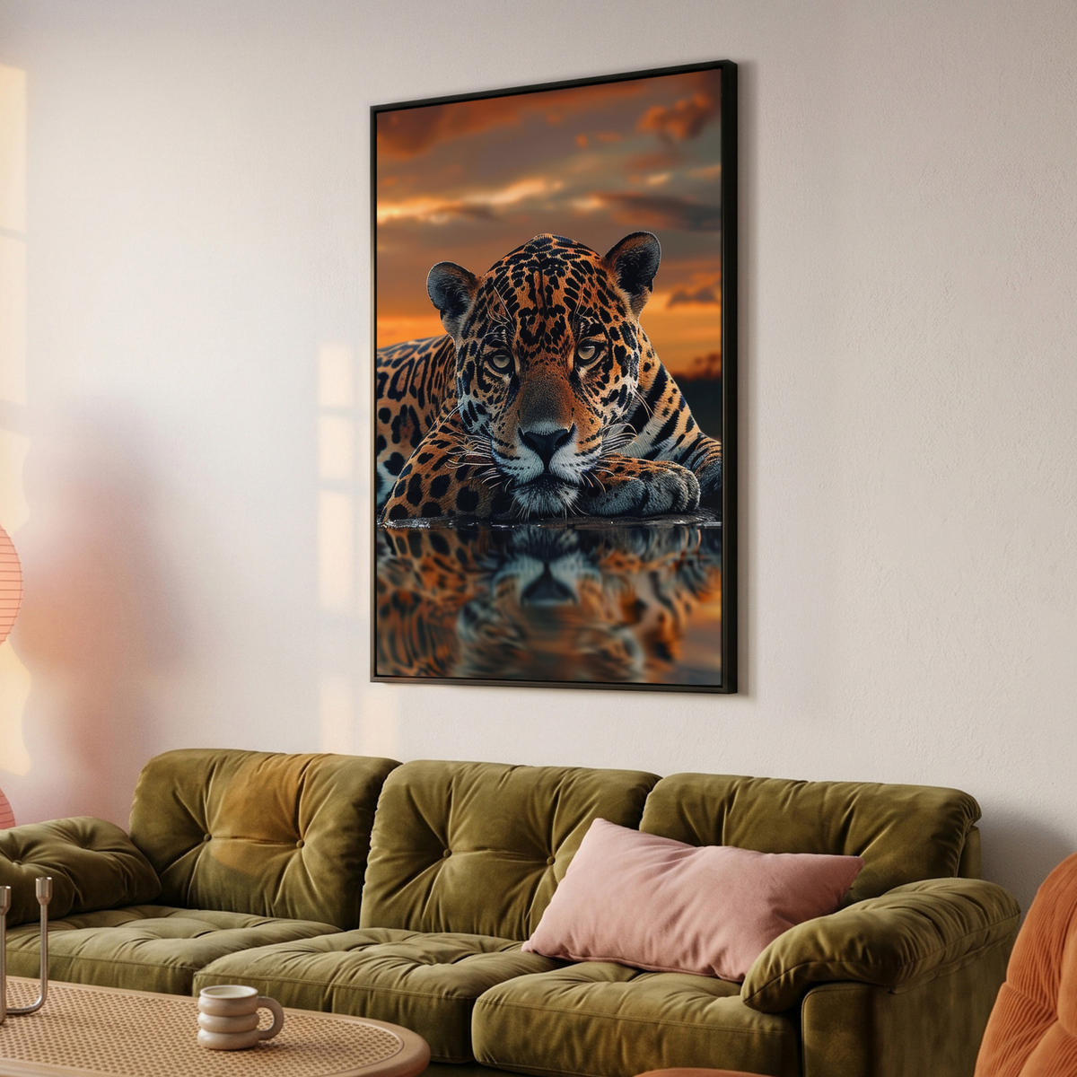 LEINWAND Bilder mit Rahmen - Natur - Leopard - Tier - Sonnenuntergang - Modern - 90x140 - Orange, Textil (90/140cm) - MuchoWow