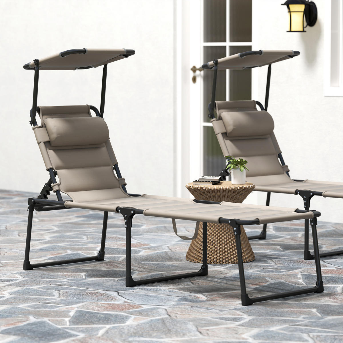 SONNENLIEGE 2er-Set DE-15652 klappbar, verstellbares Sonnendach Khaki - Mokka, Metall (200/45/70cm) - ComfortXL