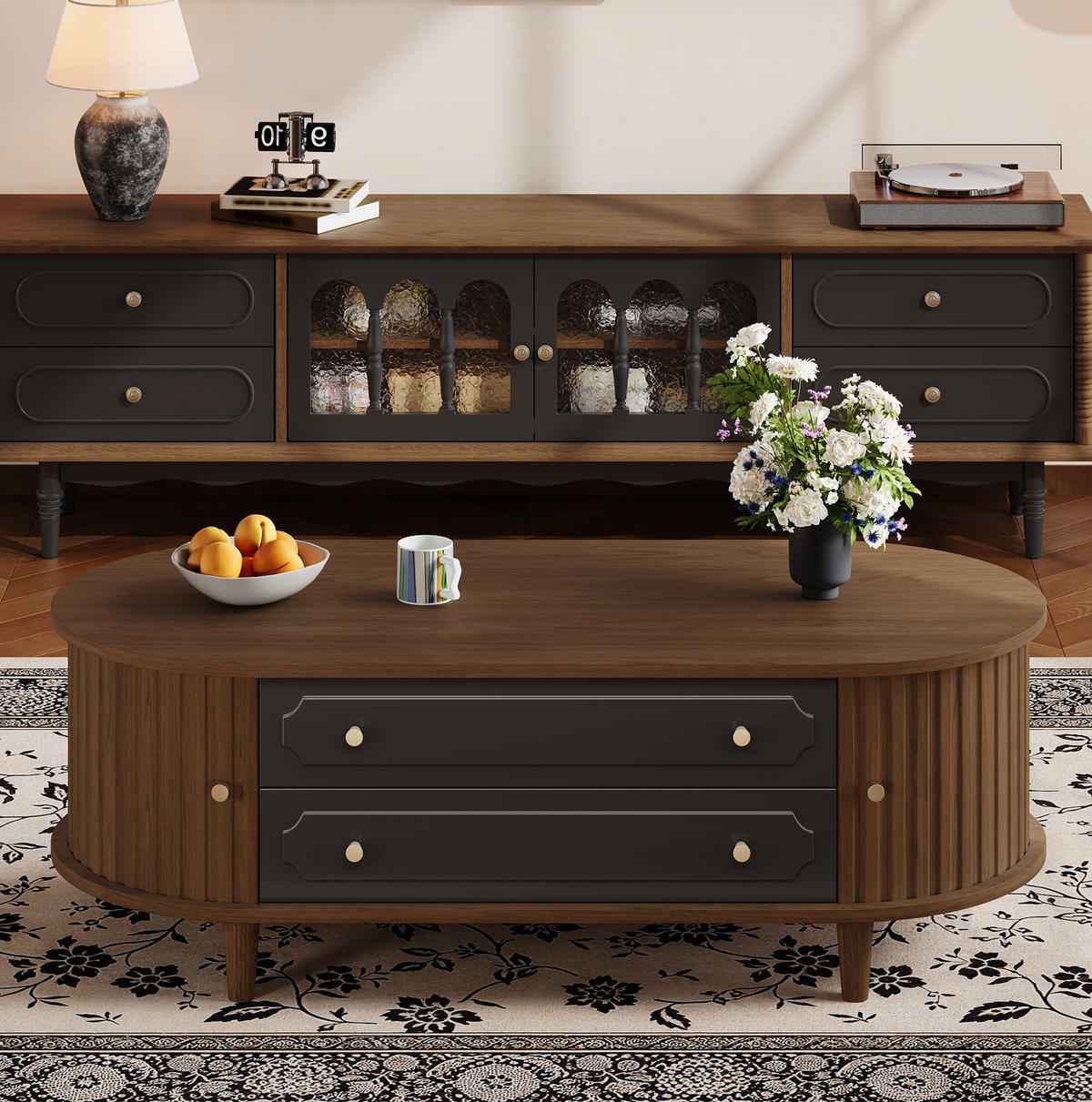 COUCHTISCH mit 2 Schubladen und 2 Rolltüren 100 x 50 cm Walnussoptik Schwarz - Braun, Holzwerkstoff (100/50/36cm) - Meubliv