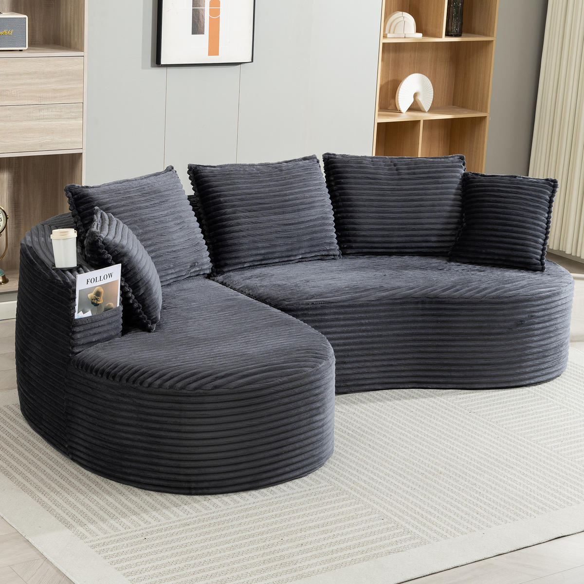 ECKSOFA Cord Dunkelgrau mit Getränkehaltern, Seitentaschen und Kissen - Dunkelgrau, Textil (250/152cm) - WISHDOR