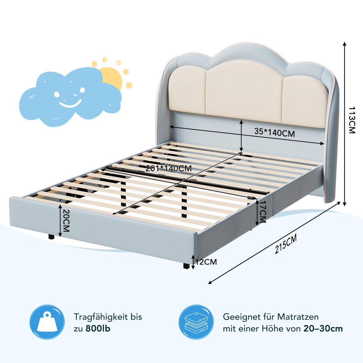 KINDERBETT 140×200 cm, LED-Musiklampe, schwebendes Design, Kopfteil in Wolkenform, bett Blau - Blau, Metall (140/215cm) - HOMAVO