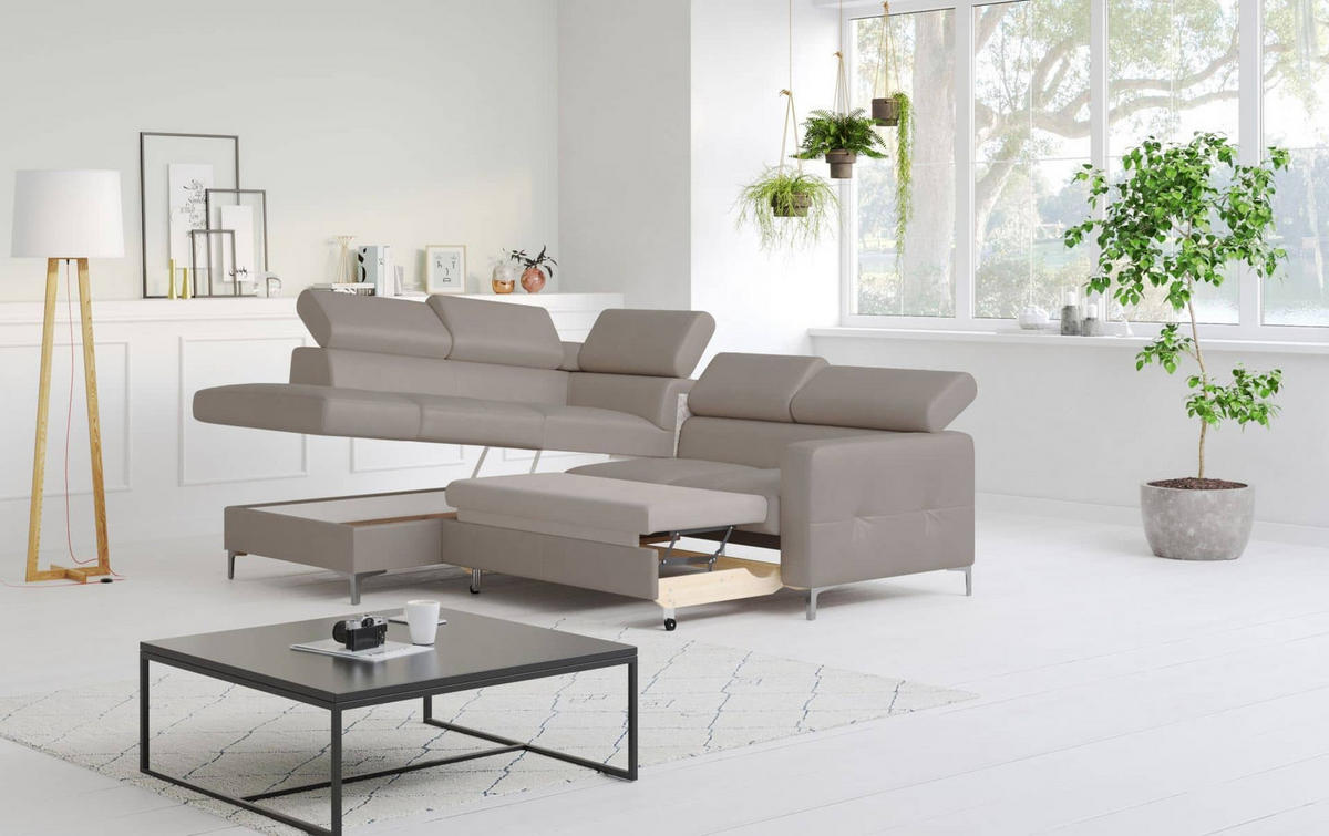 ECKSCHLAFSOFA aus Echtleder mit Schlaffunktion und Bettkasten - Chromfarben/Silberfarben, Leder/Holz (242/207cm) - Cotta