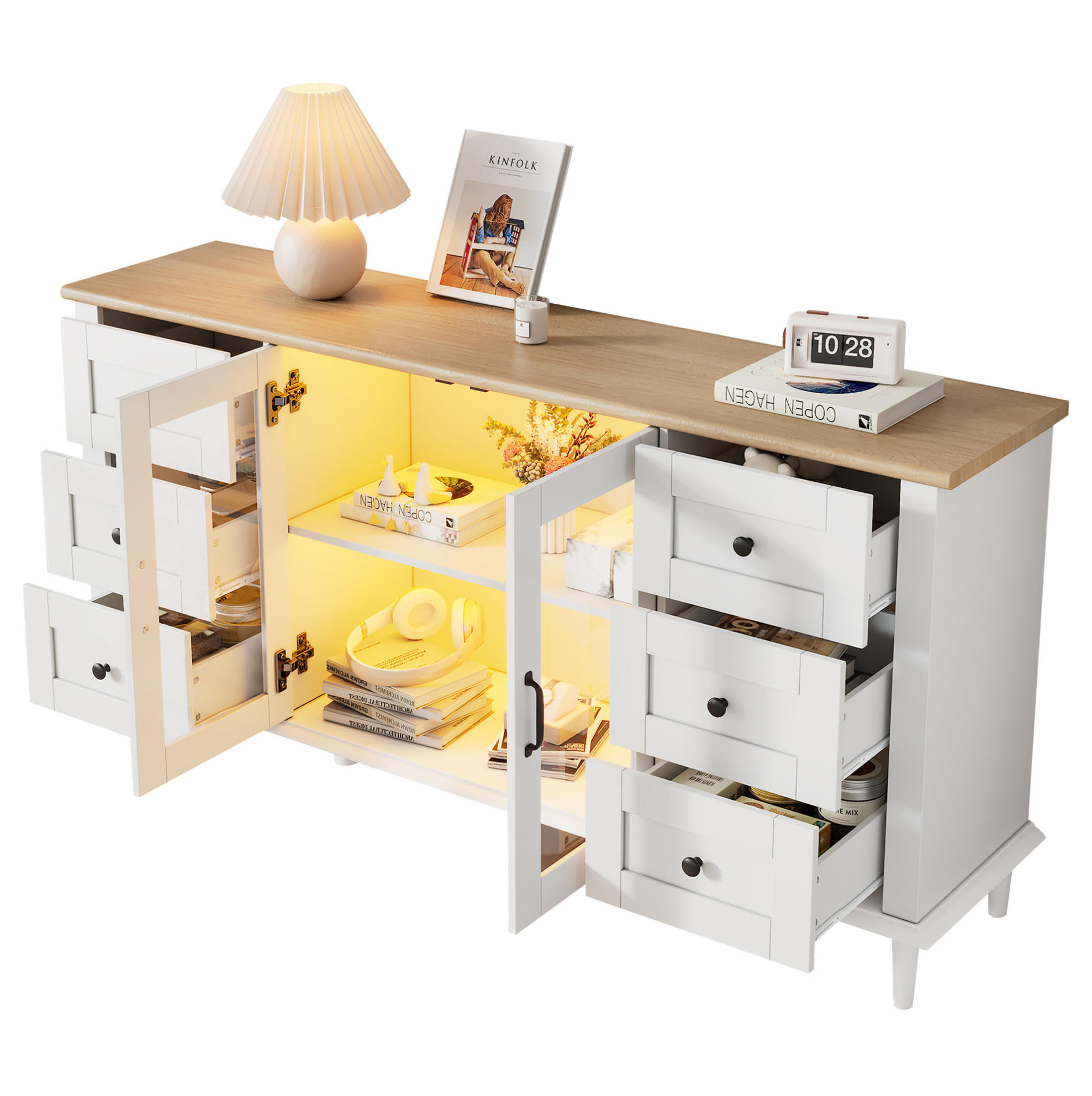 KOMODA 150/40/75 cm biela a v dekore dreva z MDF s LED osvetlením, 6 zásuvkami a akrylovými dvierkami - biela, kompozitné drevo (150/75/40cm) - OKWISH