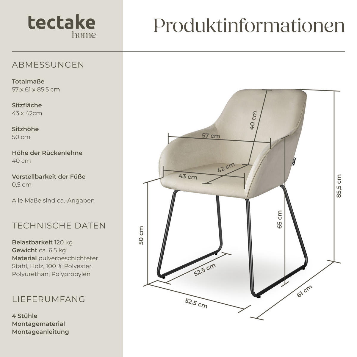 ESSZIMMERSTUHL Jeane,57 x 61 x 85,5 cm, Belastbarkeit 120 kg,Samtoptik creme/schwarz - Schwarz/Samtahornfarben, Kunststoff (57/85.5/61cm) - tectake