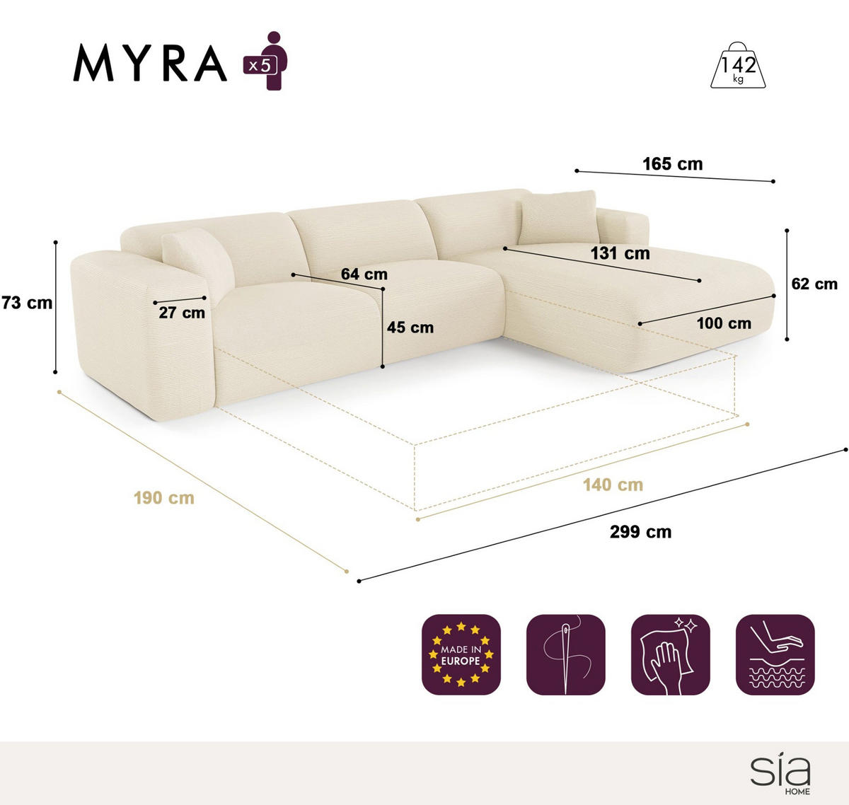 ECKSOFA RECHTS SCHLAFSOFA Dunlopillo 5 Plätze Bouclé creme - Creme, Textil (280/165cm) - Sia Home
