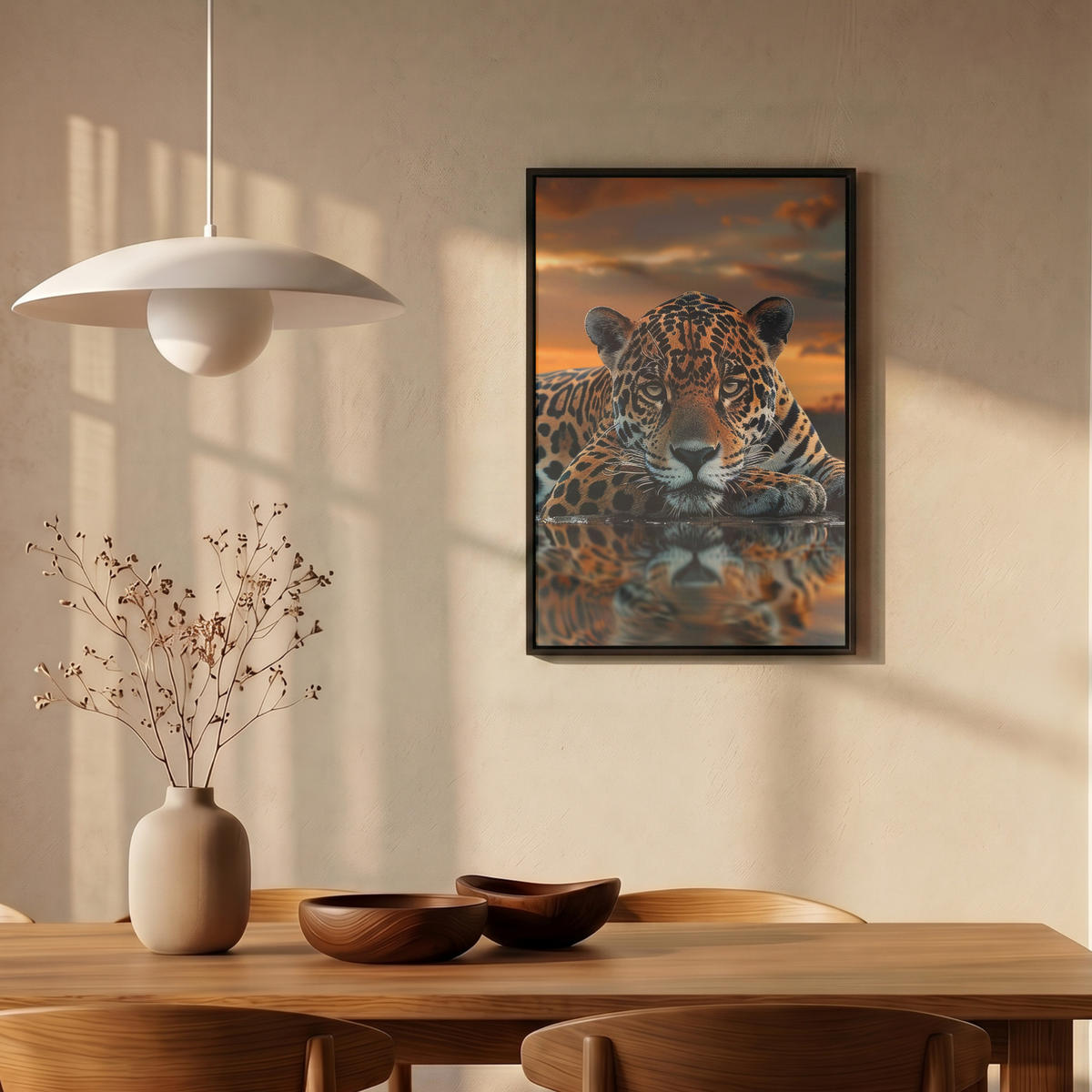 LEINWAND Bilder mit Rahmen - Natur - Leopard - Tier - Sonnenuntergang - Modern - 40x60 - Orange, Textil (40/60cm) - MuchoWow