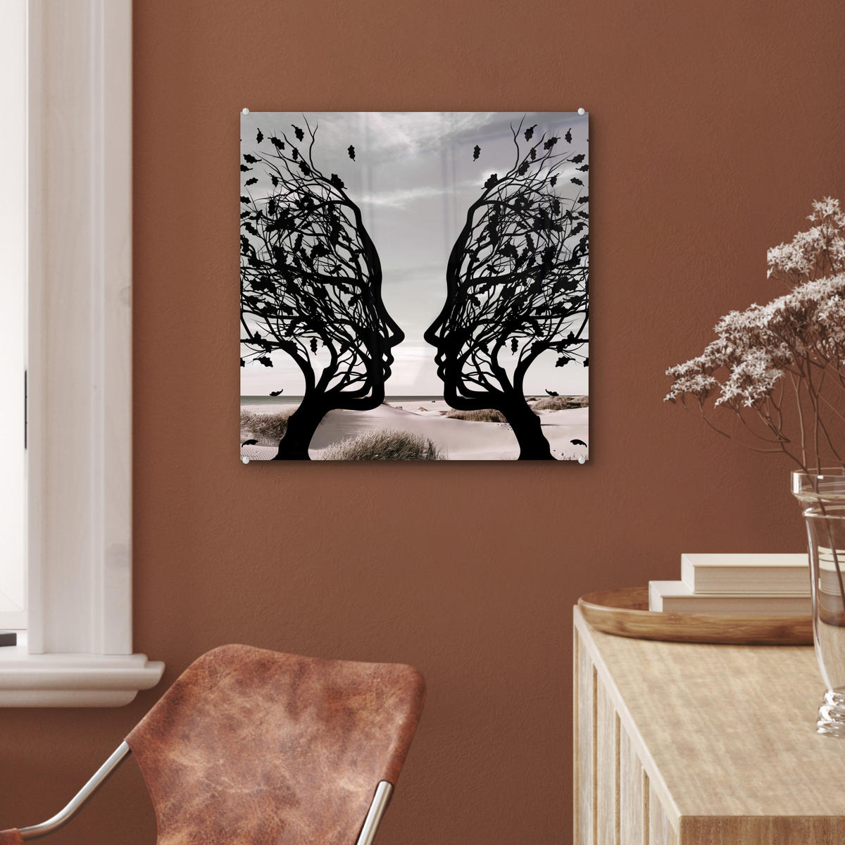 ACRYLGLASBILD Strand - Meer - Menschen - Baum - Moderne Kunst 50x50 cm - Hellgrau, Glas (50/50cm) - MuchoWow