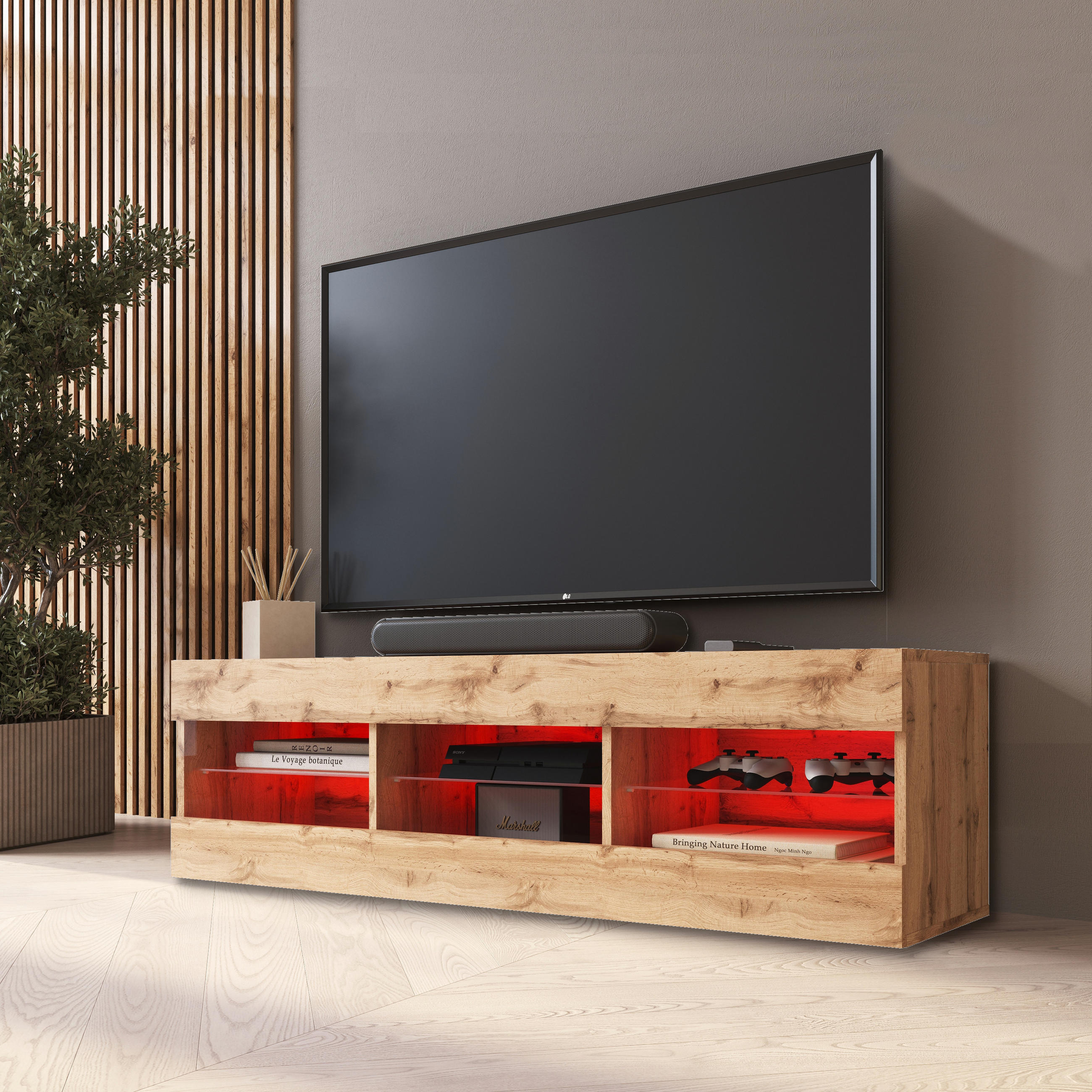 LOWBOARD TIVOLI RTV 140, Wotan, LED Mehrfarbige - Eiche Wotan, Glas/Holzwerkstoff (140/40.5/35.5cm) - Komodee