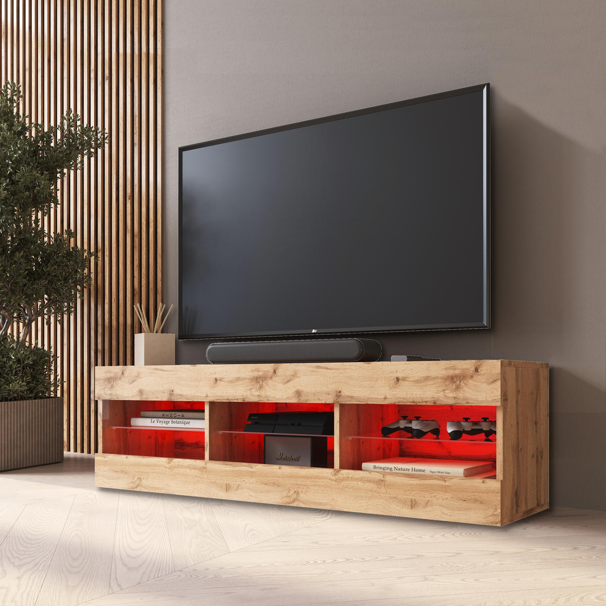 LOWBOARD TIVOLI RTV 140, Wotan, LED Mehrfarbige - Eiche Wotan, Glas/Holzwerkstoff (140/40.5/35.5cm) - Komodee