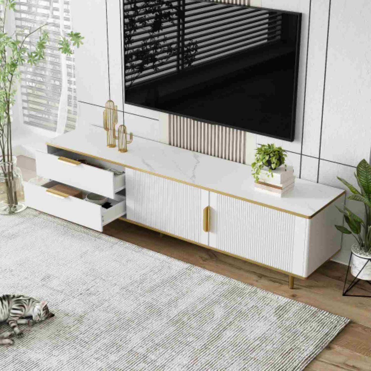 TV-SCHRANK in Weiß und Gold mit 2 Schubladen und 2 Türen 170/37/45 cm - Weiß, Holzwerkstoff (170/45/37cm) - Redom