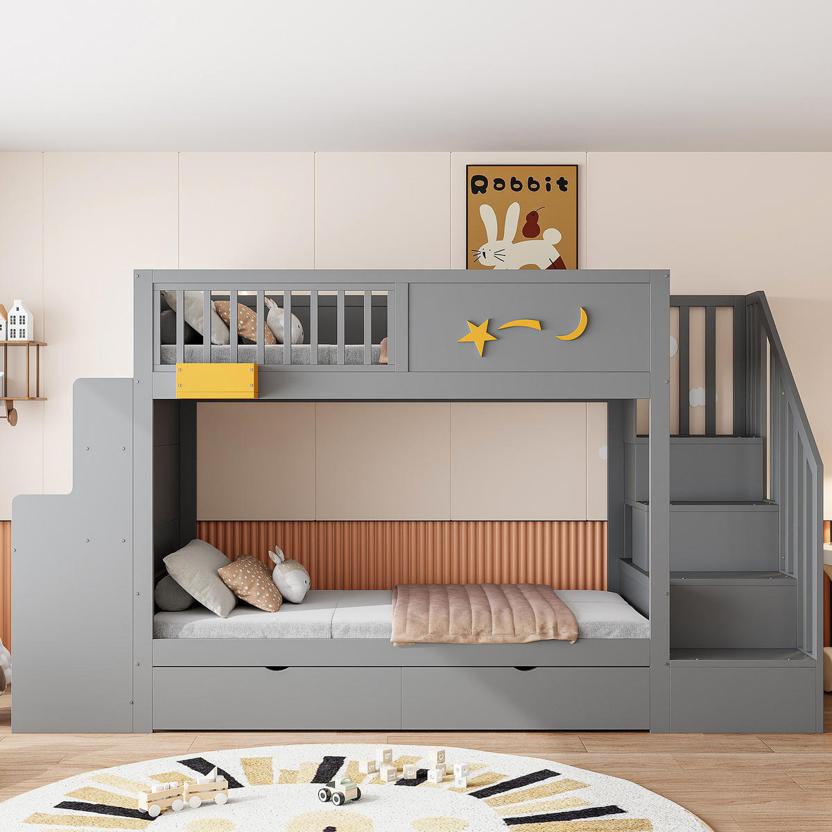 ETAGENBETT 90/200 cm grau aus Holz mit Schreibtisch - Grau, Holzwerkstoff (90/200cm) - OKWISH