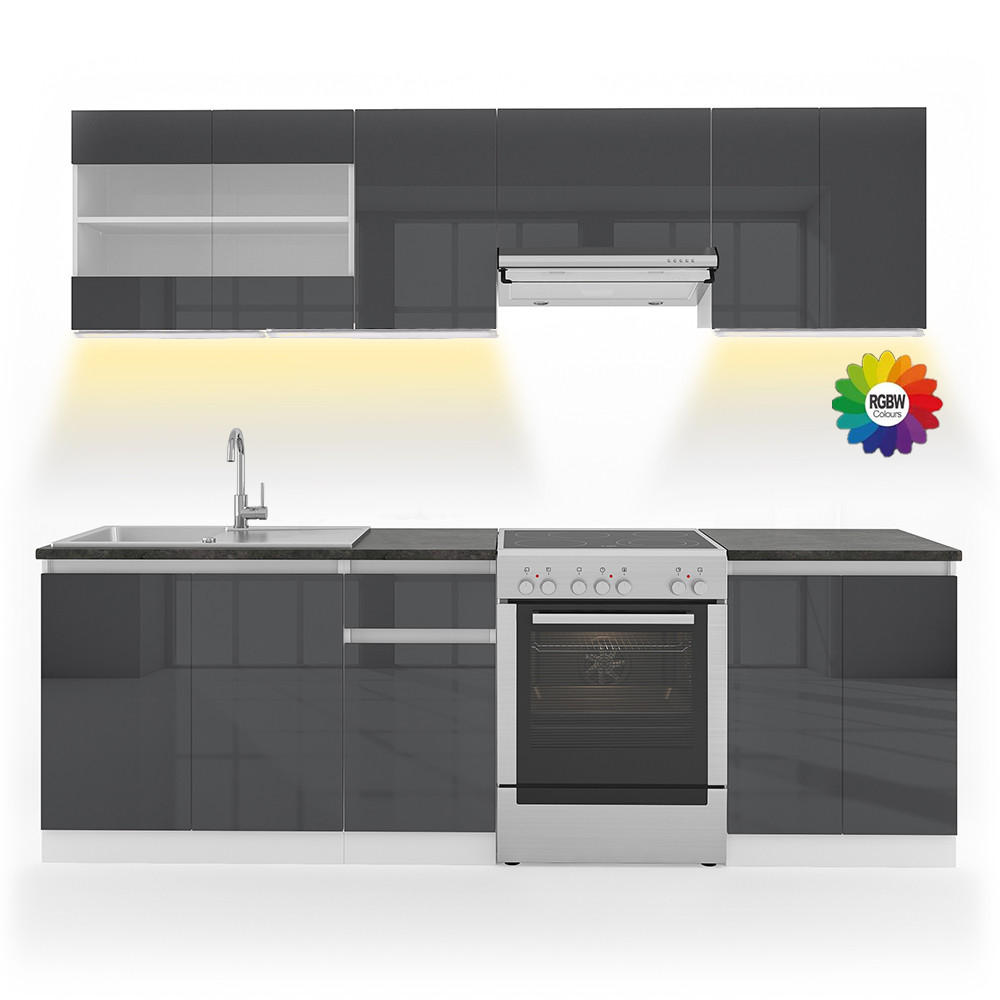 KÜCHENZEILE Raul Anthrazit/Weiß 240 cm, AP Schwarz mit LED-Leisten - Anthrazit/Weiß, Holzwerkstoff (240/81.6/60cm) - Vicco