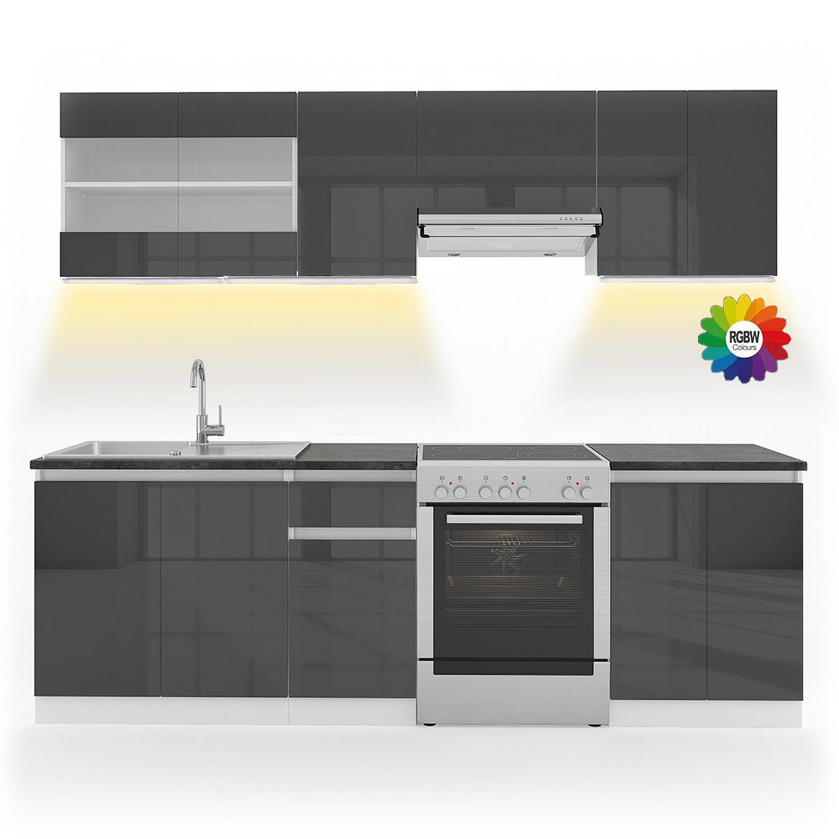 KÜCHENZEILE Raul Anthrazit/Weiß 240 cm, AP Schwarz mit LED-Leisten - Anthrazit/Weiß, Holzwerkstoff (240/81.6/60cm) - Vicco
