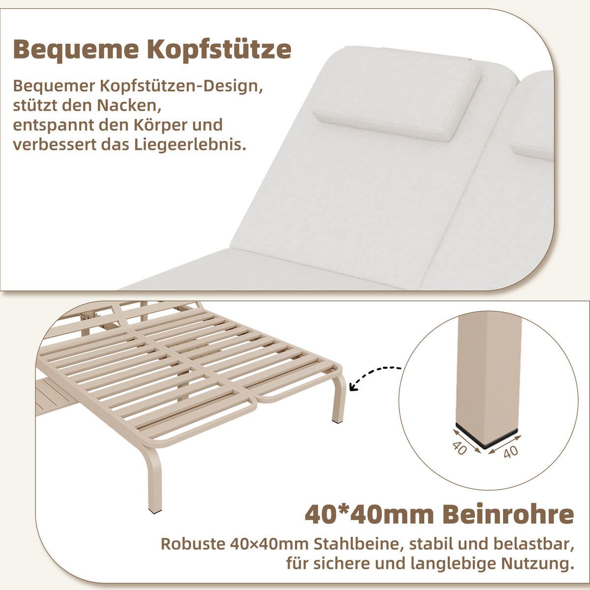 SONNENLIEGE aus Polyester in Beige mit ausziehbarer Tischplatte & Kopfstütze - Beige, Metall (127/93/194cm) - Modfu