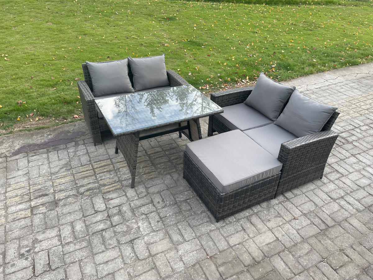 GARTENMÖBELSET mit ESSTISCH,HOCHLEHNER-SOFA Polyrattan Dunkelgrauer Mix 5-Sitzer - Dunkelgrau/Grau, Glas/Kunststoff - Fimous