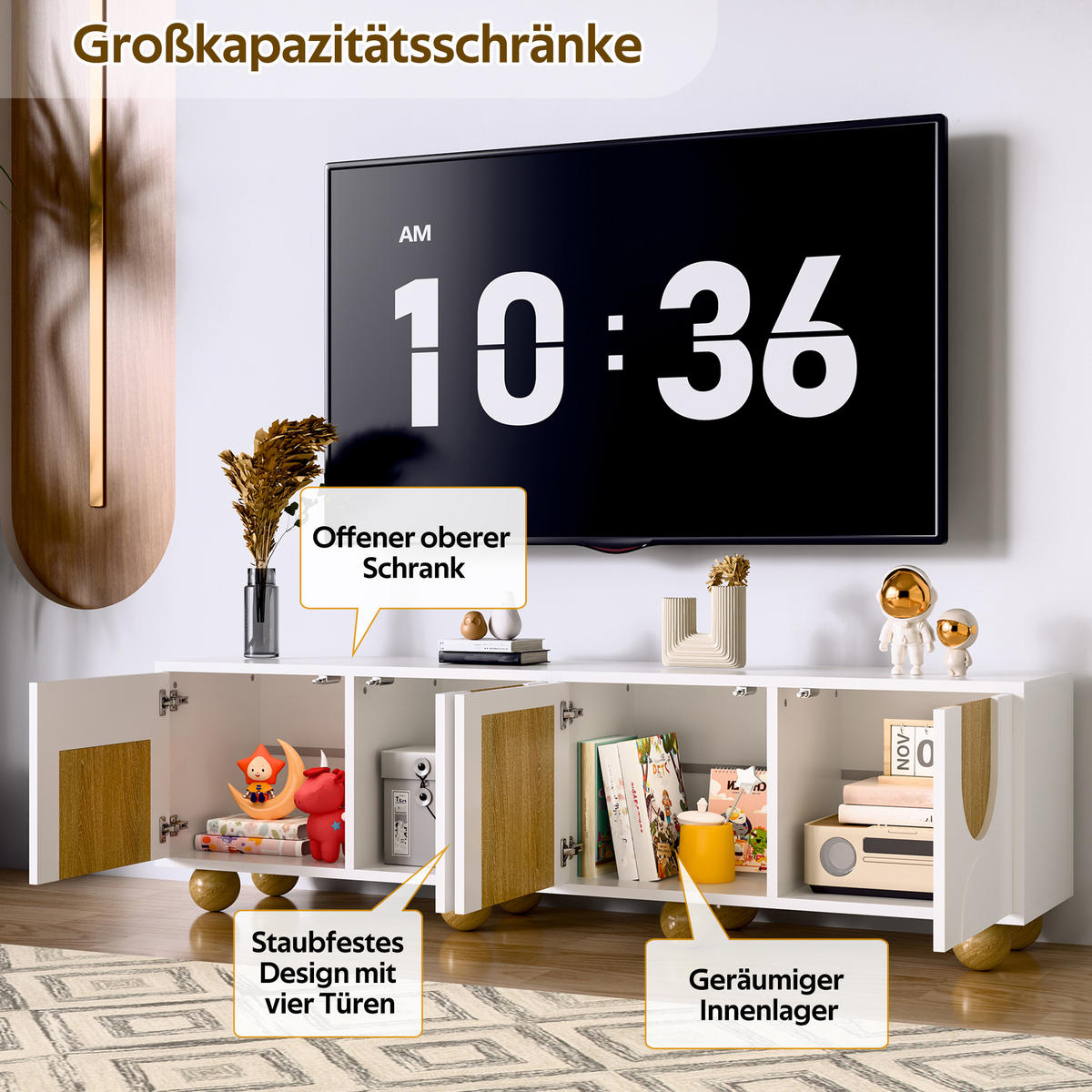 LOWBOARD in Naturfarben und Weiß TV-Schrank mit vier Türen für Wohnzimmer, B175/T38/H50 cm - Naturfarben/Weiß, Holzwerkstoff/Metall (175/50/38cm) - STILVORA