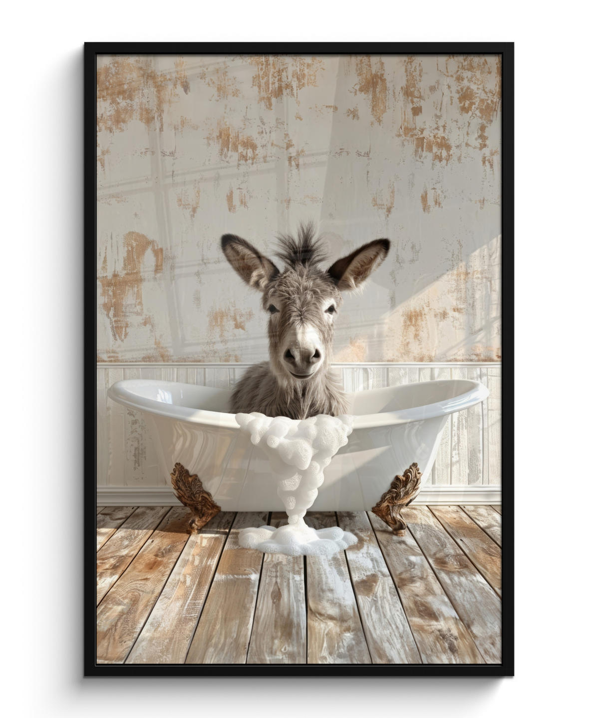 GERAHMTES BILD Esel - Tiere - Badewanne - Schaumstoff 80x120 cm - Weiß, Papier (80/120cm) - MuchoWow