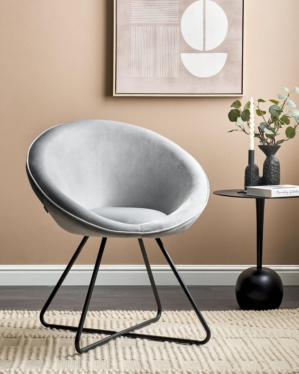 SESSEL Samtstoff hellgrau/schwarz rund Floby II - Schwarz/Grau, Textil (69/80/58cm) - Beliani